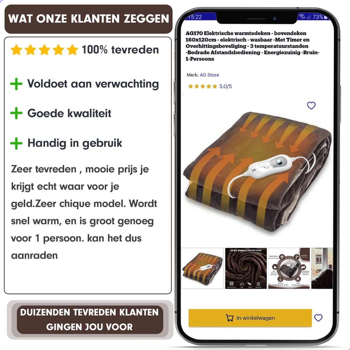 AG170 Elektrische deken - bovendeken 160x120cm - elektrisch - wasbaar -Met Timer en Overhittingsbeveliging - 3 temperatuurstanden -Bedrade Afstandsbediening - Energiezuinig -Bruin- 1-Persoons thumbnail 3