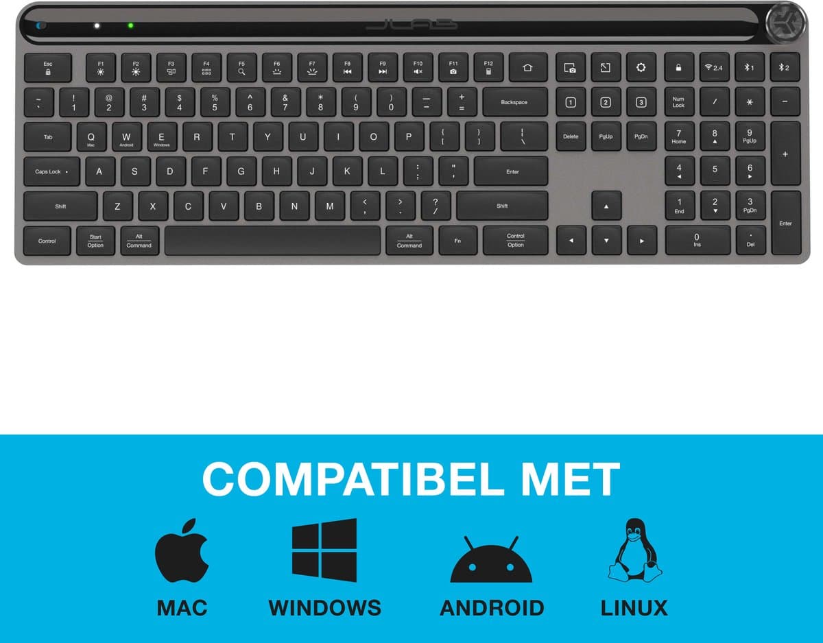 JLab Epic Draadloos Toetsenbord - Bluetooth en/of USB dongle verbinding - 3 Apparaten - Stille toetsaanslag - Verlicht toetsenbord - Qwerty thumbnail 2
