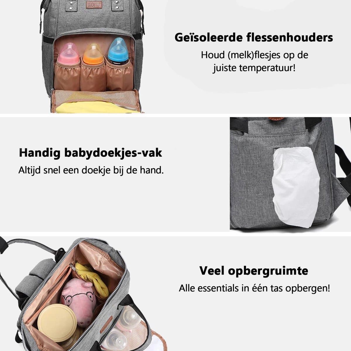 Miss Lulu Luiertas Rugzak - Inclusief Buggy en Kinderwagen Haken - Grijs (E6705 GY) thumbnail 2