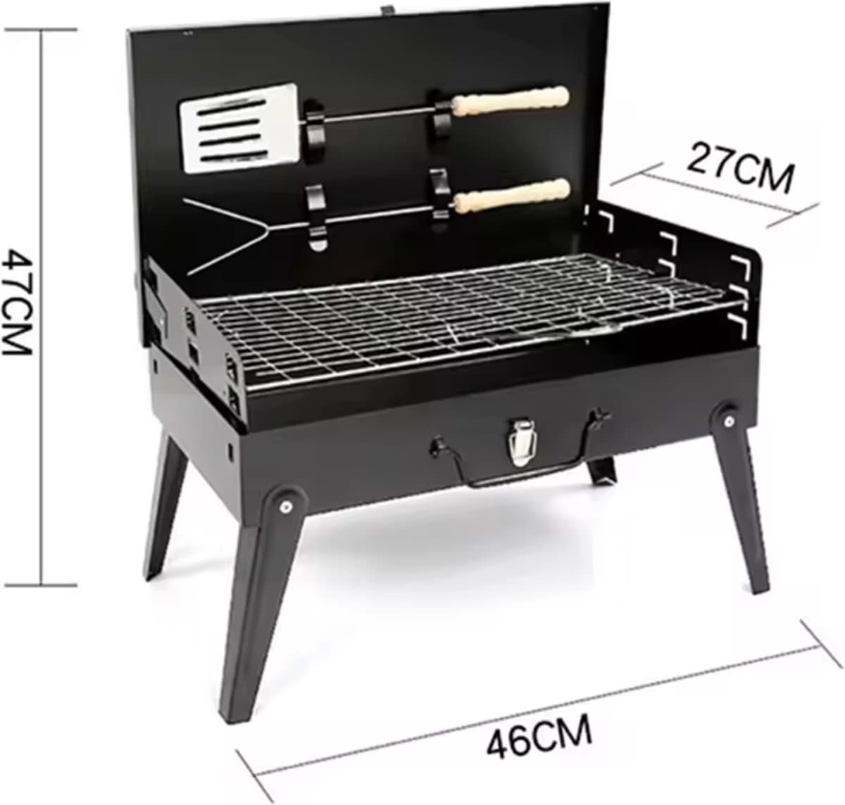 Koffer BBQ | Houtskool Barbecue | Opvouwbare inklapbare meeneem kolen BBQ inclusief gereedschap | Opvouw inklap tafel vakantie camping compact klein onderweg thumbnail 6