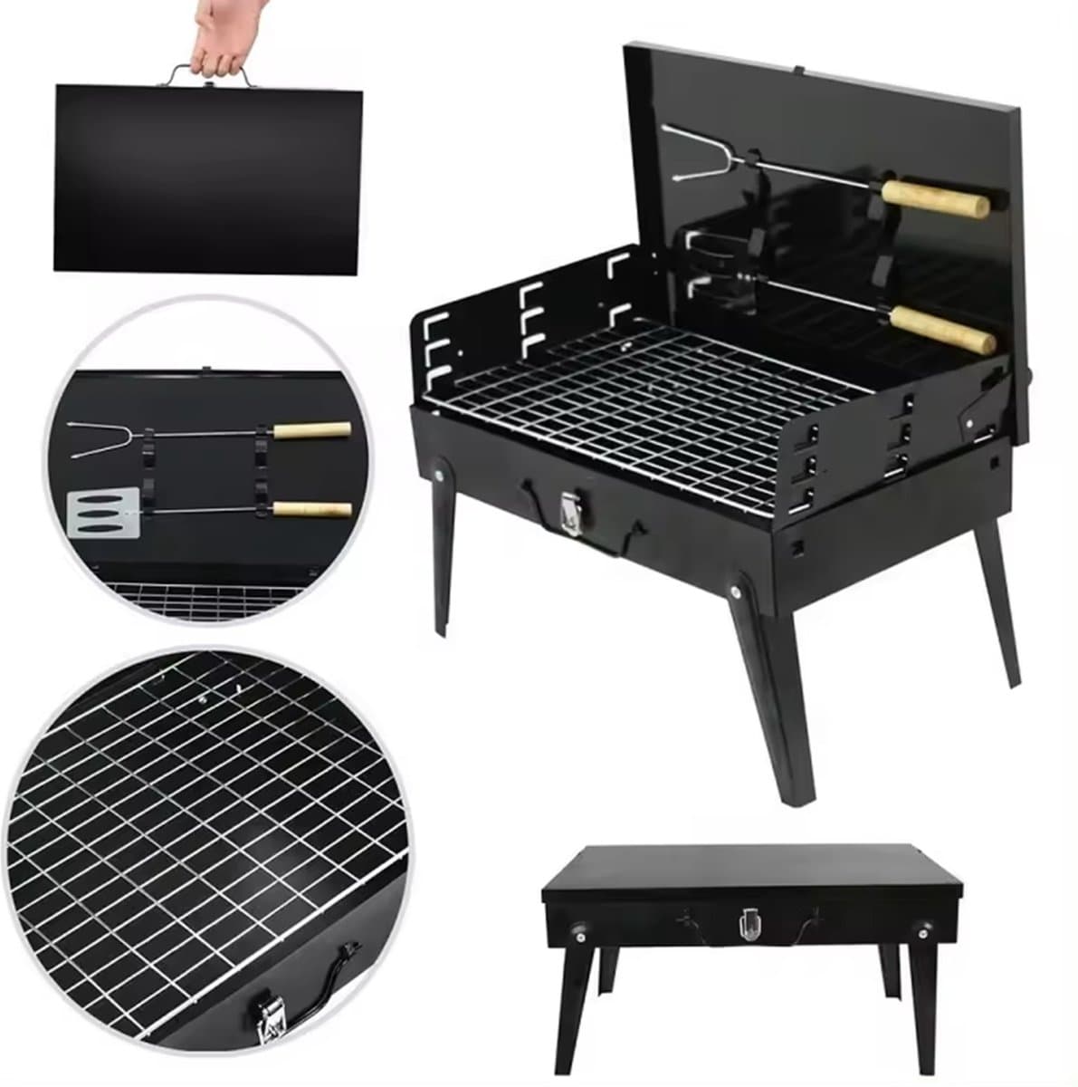 Koffer BBQ | Houtskool Barbecue | Opvouwbare inklapbare meeneem kolen BBQ inclusief gereedschap | Opvouw inklap tafel vakantie camping compact klein onderweg thumbnail 8