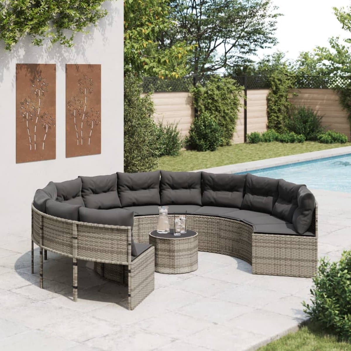 vidaXL - Tuinbank - met - tafel - en - kussens - rond - poly - rattan - grijs thumbnail 3