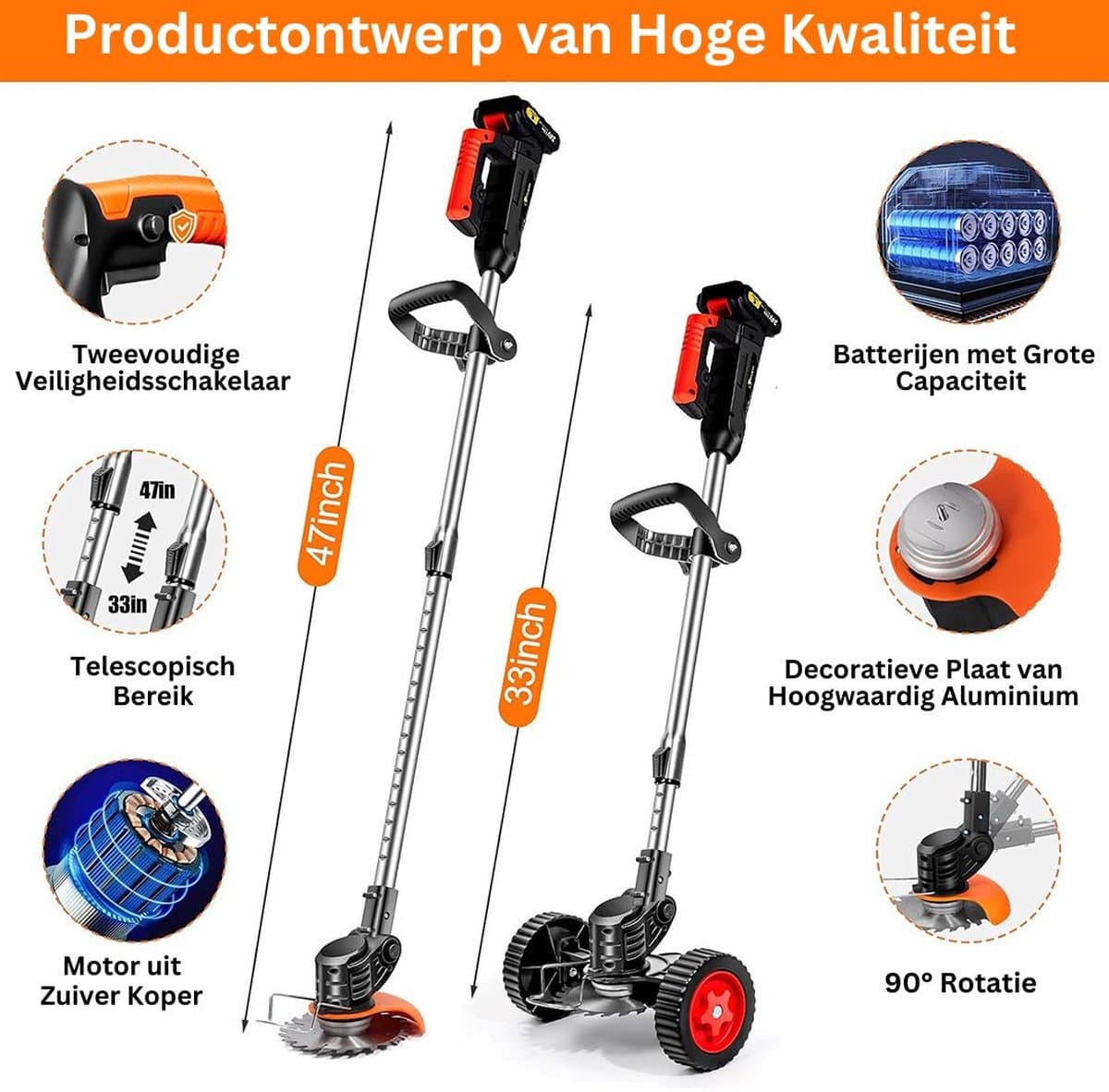 MKSS® Zweefmaaier - Bosmaaier Electrisch - Grastrimmer met Accu - Grasmaaier - Handmaaier met Wielen - Zwart met Rood thumbnail 6
