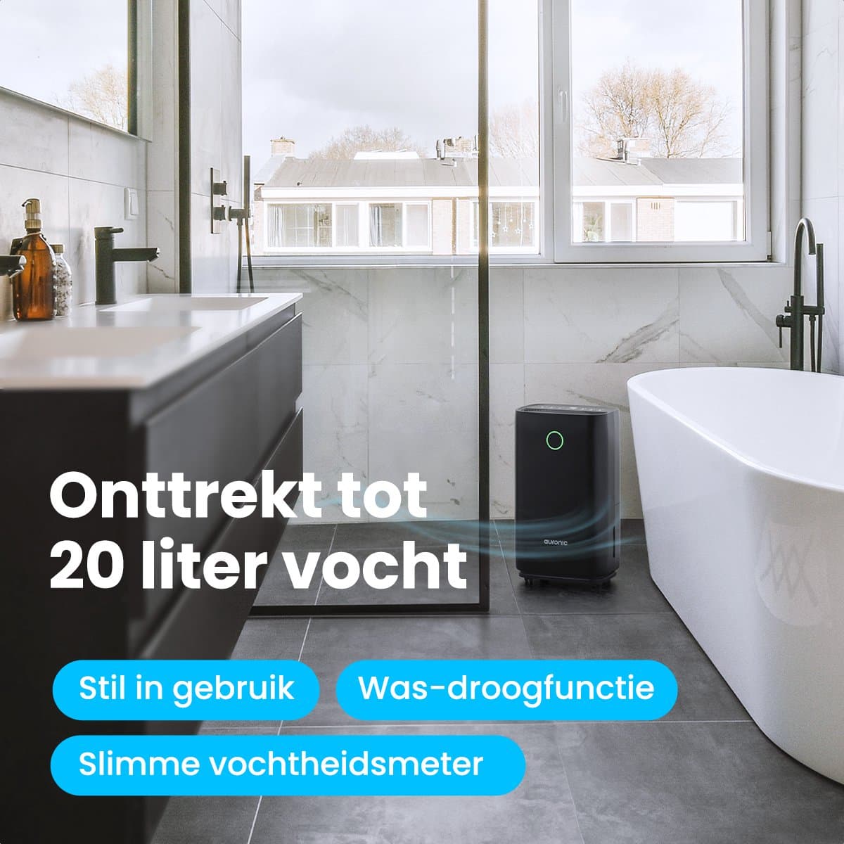 Auronic Luchtontvochtiger - Compact Series - 20L per dag - 4L Waterreservoir - Was-droog functie - Slaapkamer, Badkamer en Woonkamer - Vochtopnemer voor in Huis - Dehumidifier - Zwart thumbnail 3