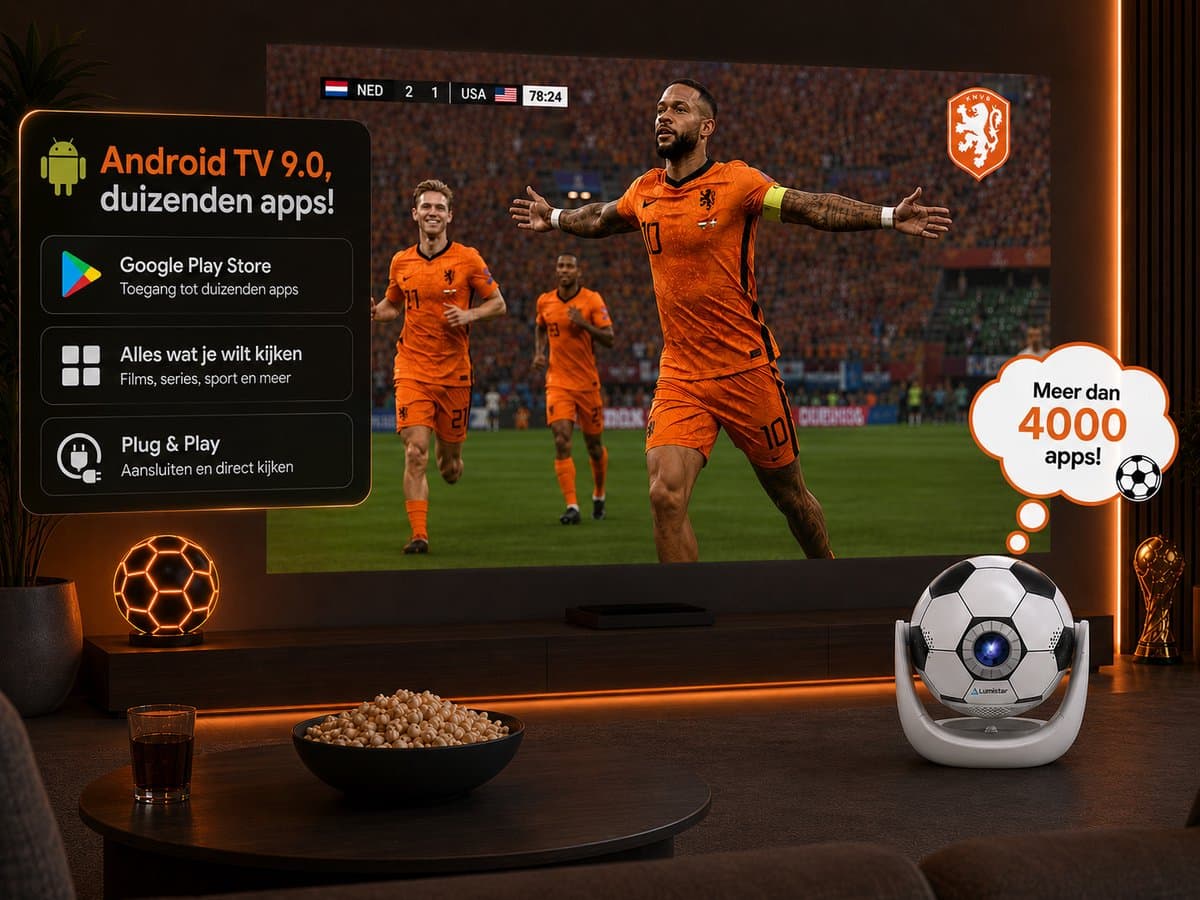 Lumistar Mini Beamer WK Editie - Voetbal Beamer - Alles-in-één Smart TV Projector - 2026 model - Android TV Besturingssysteem - WiFi & Bluetooth - 4k support - Beamer - Home Cinema thumbnail 2