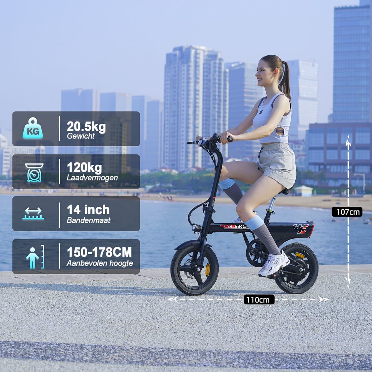 YEE GOO Elektrische Fiets - 250 W Motor - 36V 7,8Ah Batterij - 30-45 km Actieradius - 14 Inch Banden - Schijfremmen voor en achter - LED-verlichting en LCD-display - Draagbare e-bike voor woon-werkverkeer in de stad - Zwart thumbnail 5
