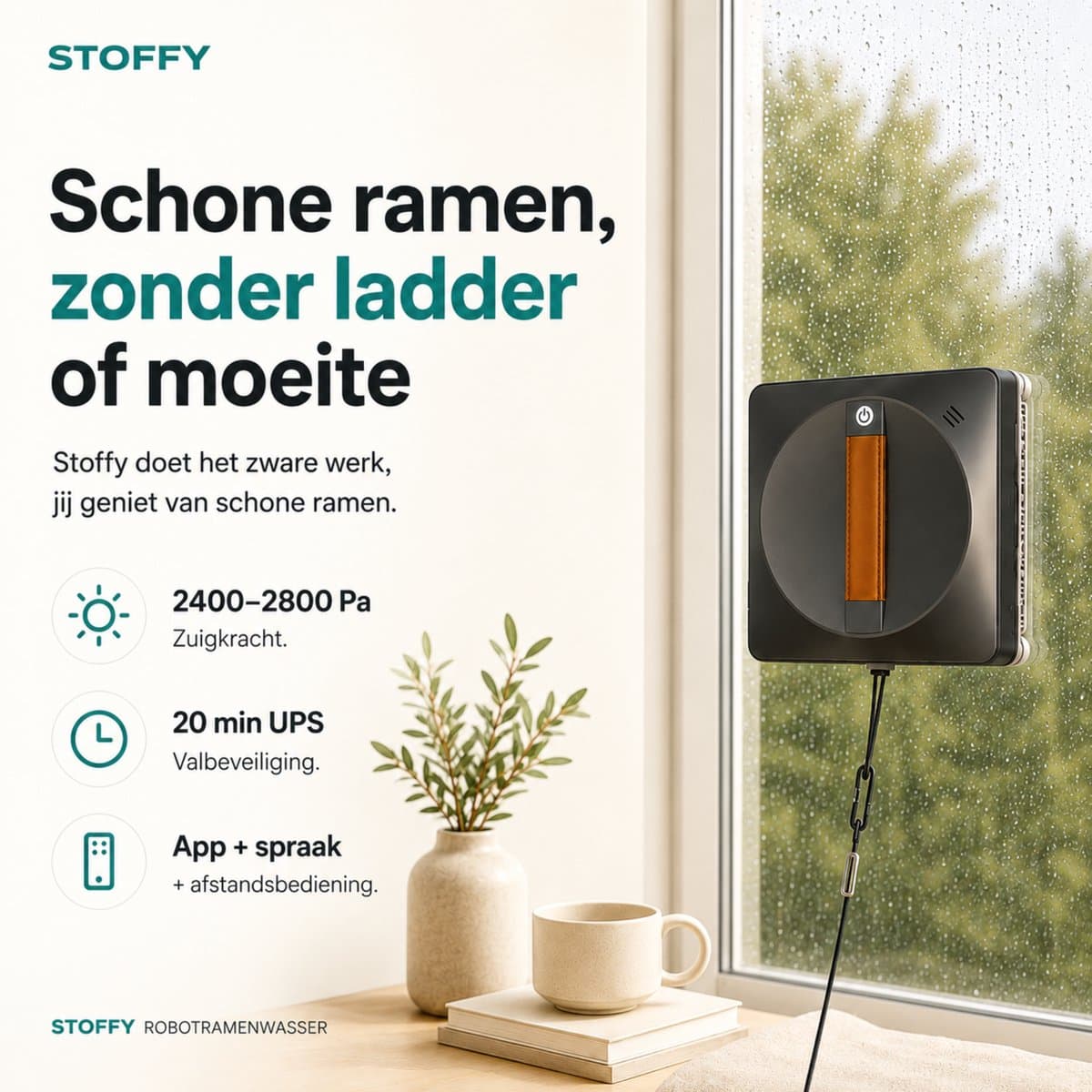 Stoffy Robot Ramenwasser Nova- Ruitenreiniger Elektrisch - Raamwisser - Appbediening - met Afstandsbediening - Snoerlengte 5m thumbnail 2
