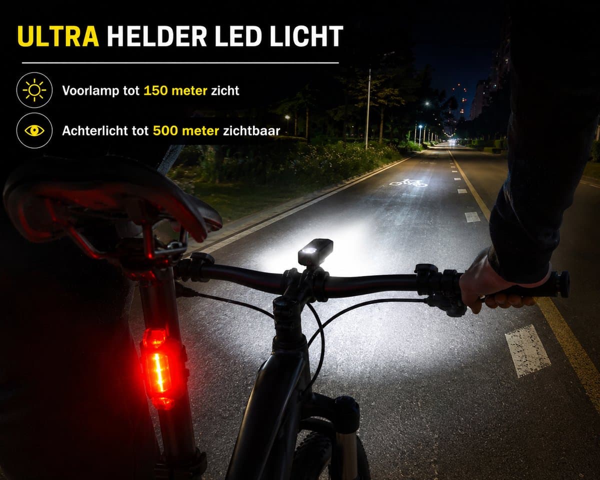 JMT-one - Fietsverlichting Oplaadbaar USB – Fietslampjes Set Voor en Achter – LED Fietslicht Voorlicht Achterlicht – Waterdicht – Fiets Lampjes Set – MTB Racefiets Stadsfiets – Zwart thumbnail 2