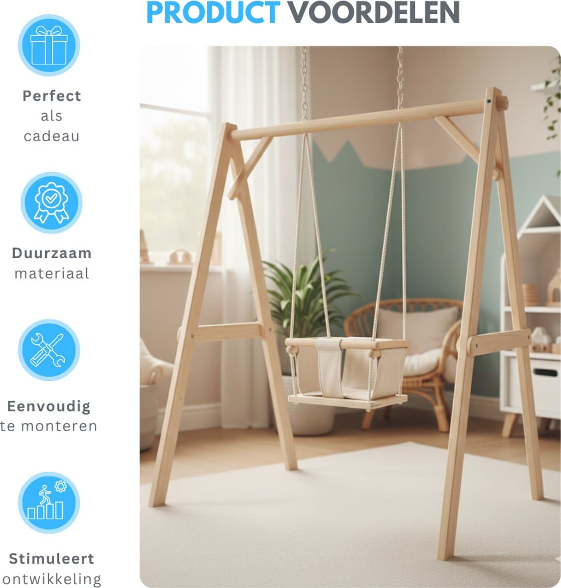 Livista Houten Babyschommel - Inklapbaar - Swing - Wipstoel Met Schommelstoel - Baby Zitje - Dennenhout - Houten Speelgoed thumbnail 3