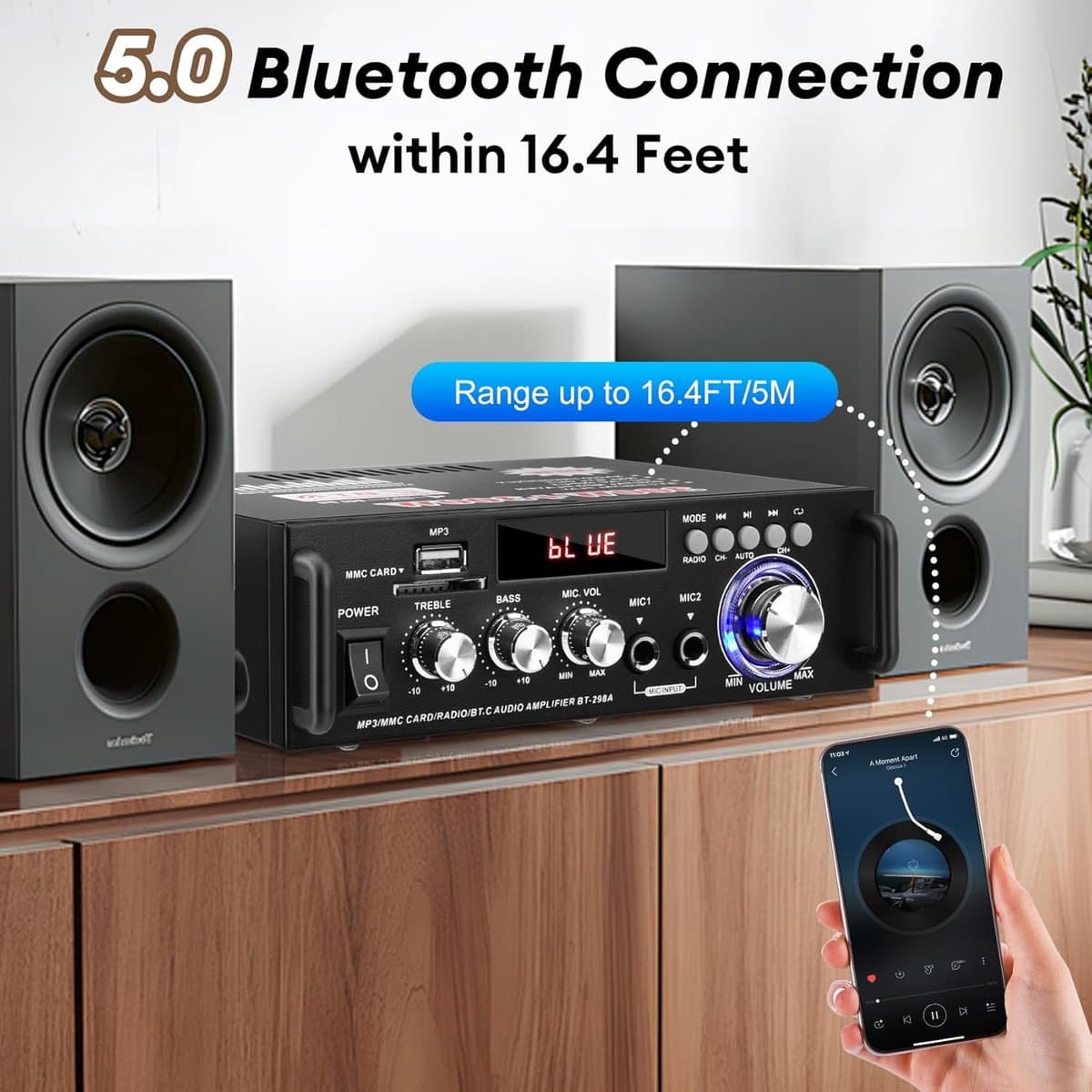 Versterker Stereo HiFi - Bluetooth 5.0 - HIFI Bluetooth Power Amplifier - Audio Versterker - Versterker - Stereo Versterker - Amplifier - Versterkers - FM-radio - SD/USB-kaartingang - LCD-scherm thumbnail 3