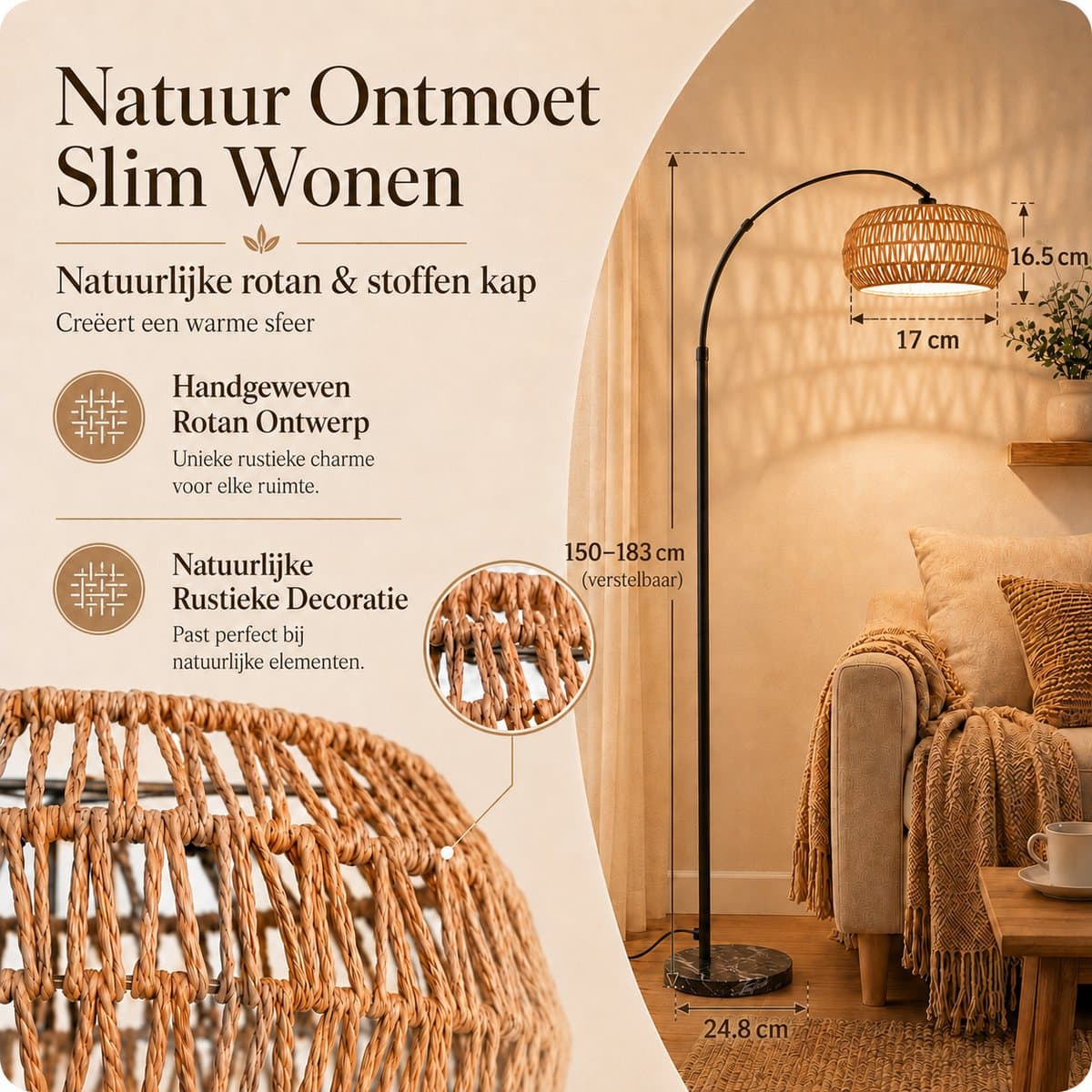 MUPOO Boho Rotan vloerlamp Booglamp 185cm-Staande Lamp Dimbaar met APP Afstandsbediening -booglamp met 360° Draaibare Arm & Hoogte Verstelbaar en Voetschakelaar -Sfeerverlichting leeslamp staand voor Woonkamer Slaapkamer Kantoor thumbnail 2
