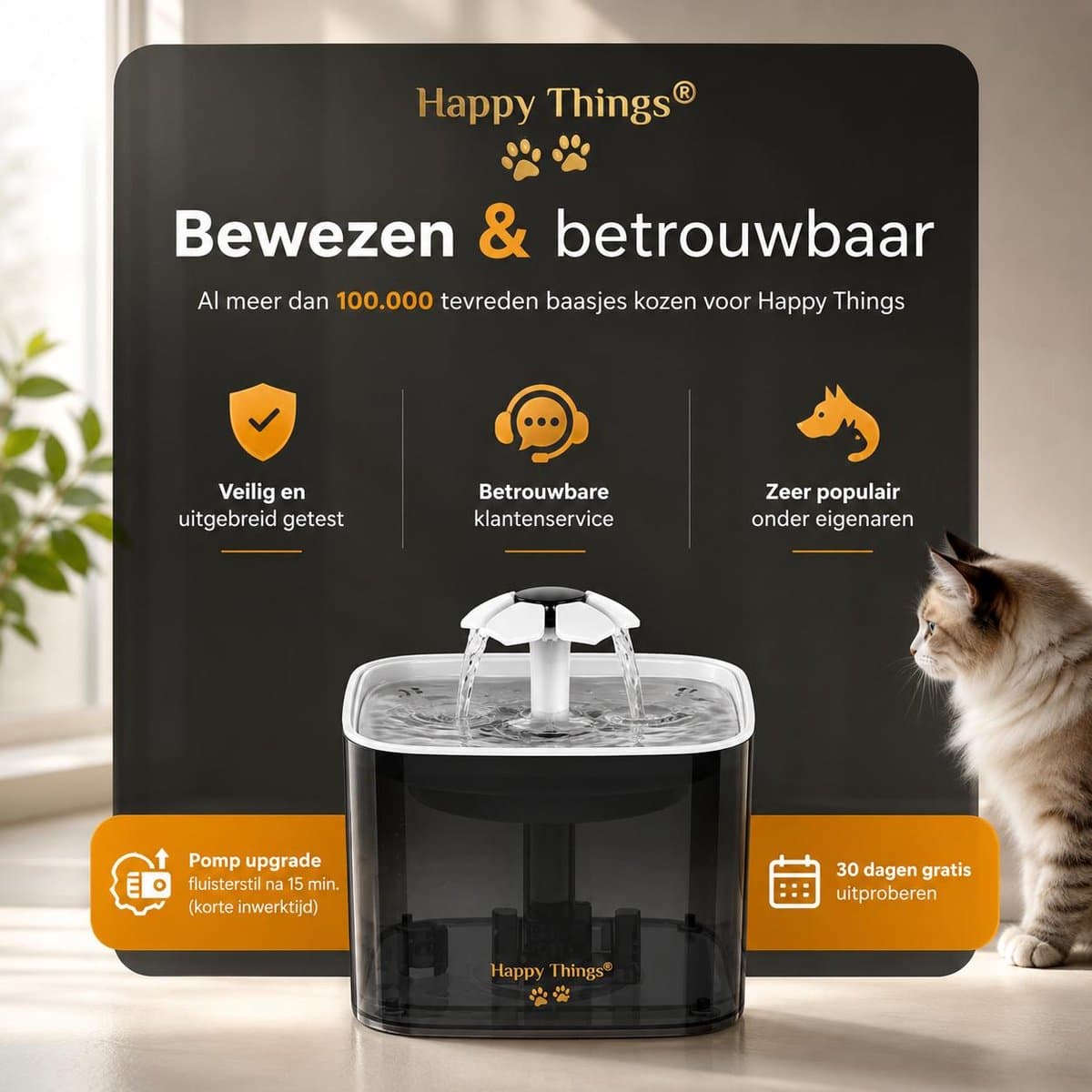 Happy Things - Drinkfontein Hond en Kat - Geruisloos - 2.5 L - Transparant Zwart met Goud - incl 4 Filters thumbnail 5