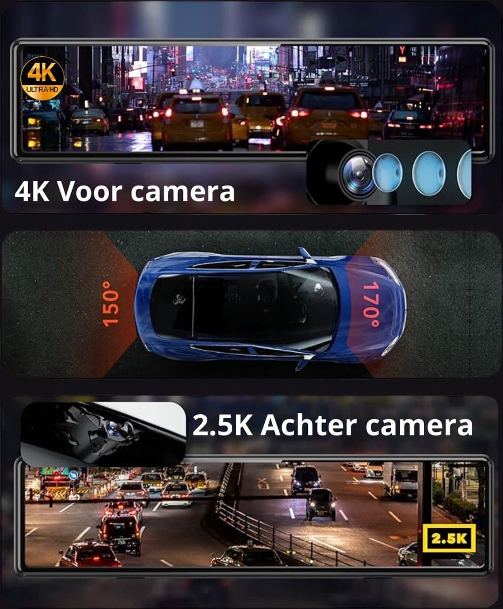 RedTiger T27 Spiegel Dashcam voor auto - Ultra 4K & 2,5K - Voor en Achter camera - WiFi en GPS - 12 Inch - Sony Camerasysteem - Nachtzicht - Parkeerbewaking - met Parkeerhulp - G Sensor - Loop opname - Full HD thumbnail 7