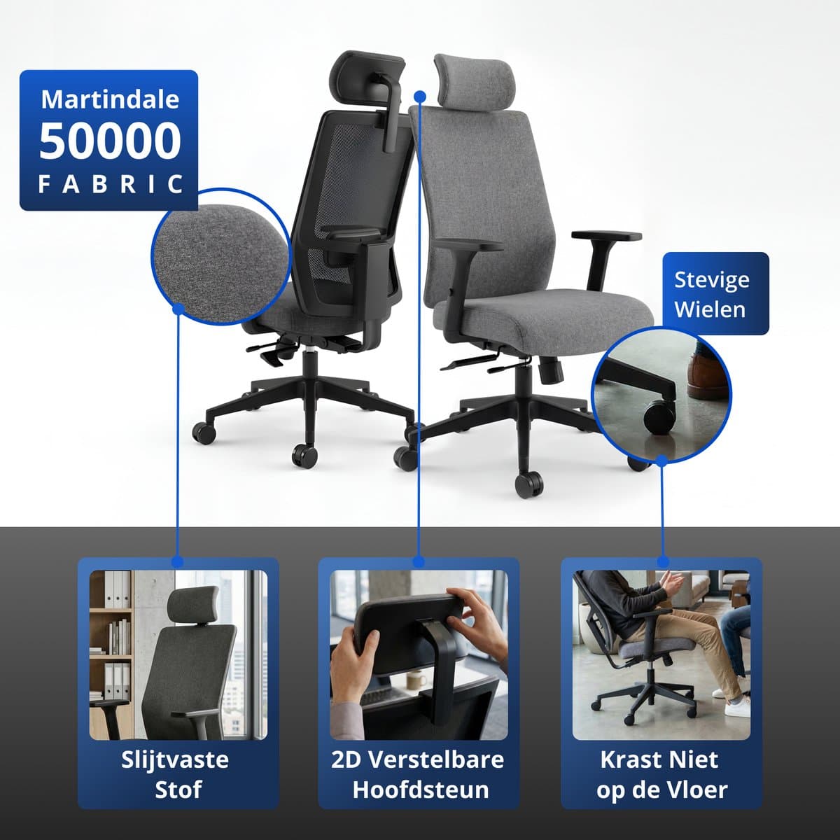 Backerz Ergonomische Bureaustoel - Bureaustoelen voor Volwassenen tot 160kg - Fabric Office Chair - NEN-EN1335 thumbnail 3