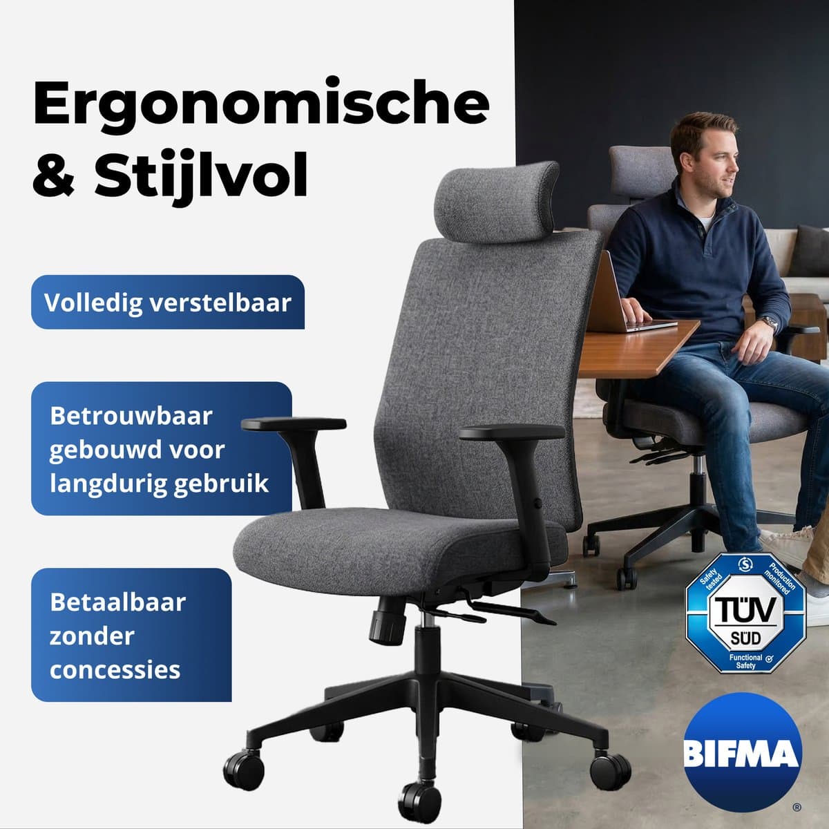 Backerz Ergonomische Bureaustoel - Bureaustoelen voor Volwassenen tot 160kg - Fabric Office Chair - NEN-EN1335 thumbnail 5