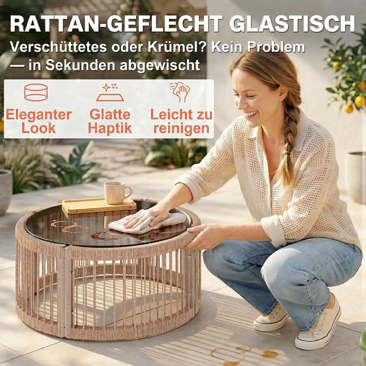 Pugsdrly Tuinset 4-delig polyrotan loungeset met tweezitsbank, 2 fauteuils, glazen tafel, brede & diepe zitting, dikke kussens thumbnail 6