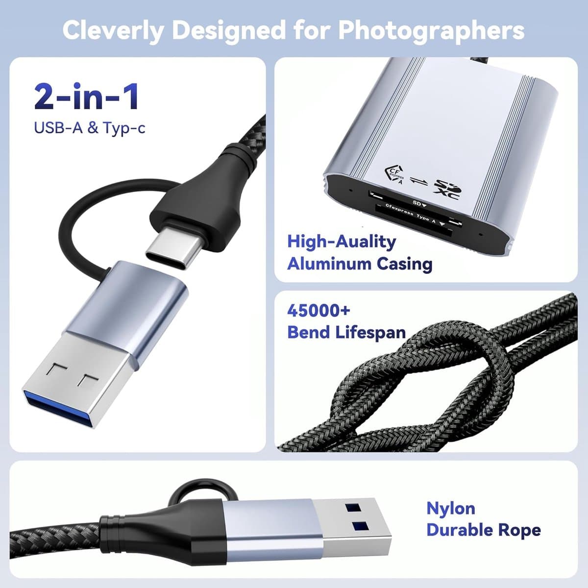 Geheugenkaartlezer - Kaartlezer USB C - Snelle Data Overdracht - 2-in-1 Aansluiting - 12.4 x 8.2 cm thumbnail 5