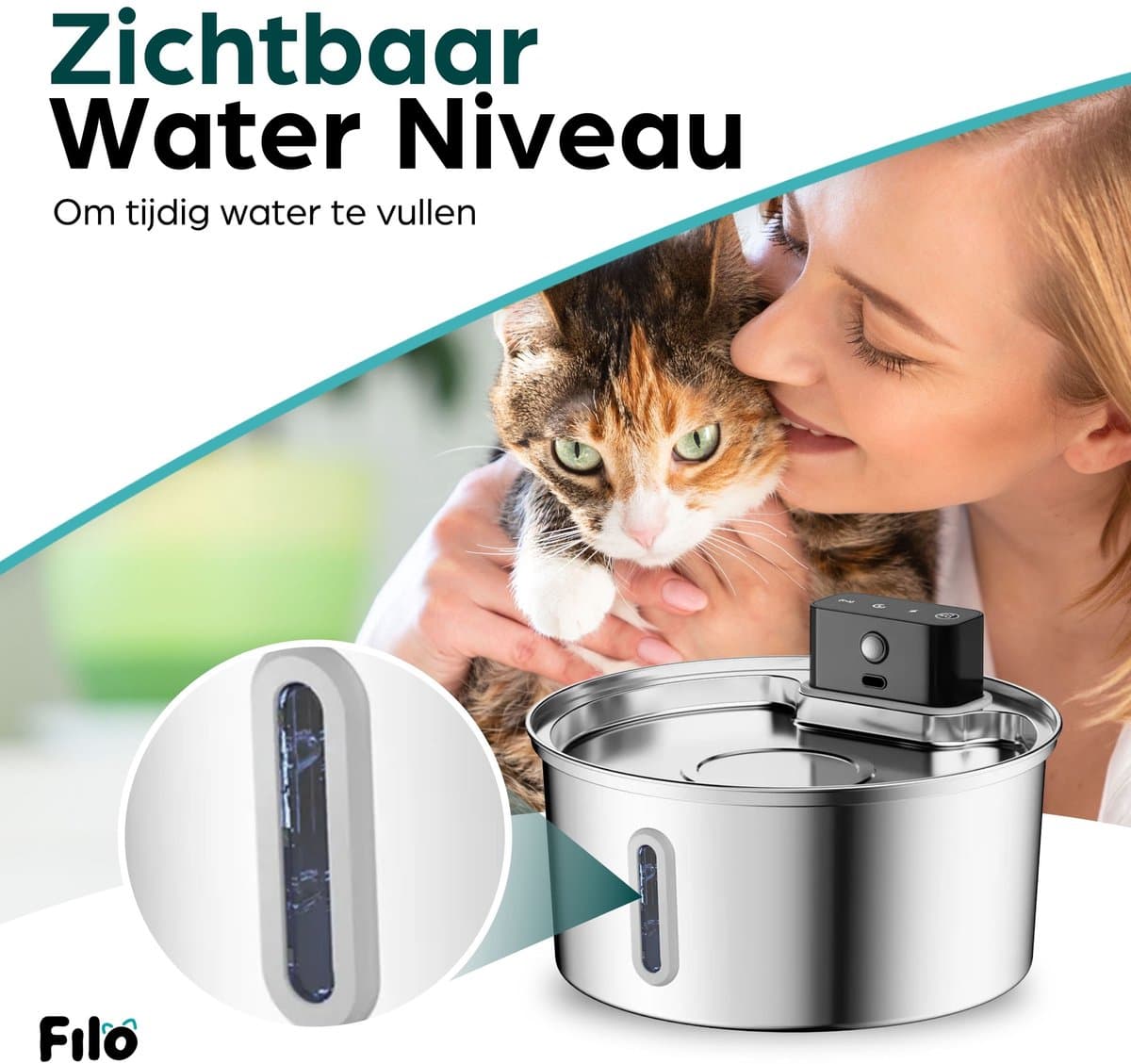 Filo RVS Drinkfontein Kat Draadloos met Sensor - Waterfontein Katten - Kattenfontein - Waterbak - Fontein Hond - Drinkfontein Honden thumbnail 2