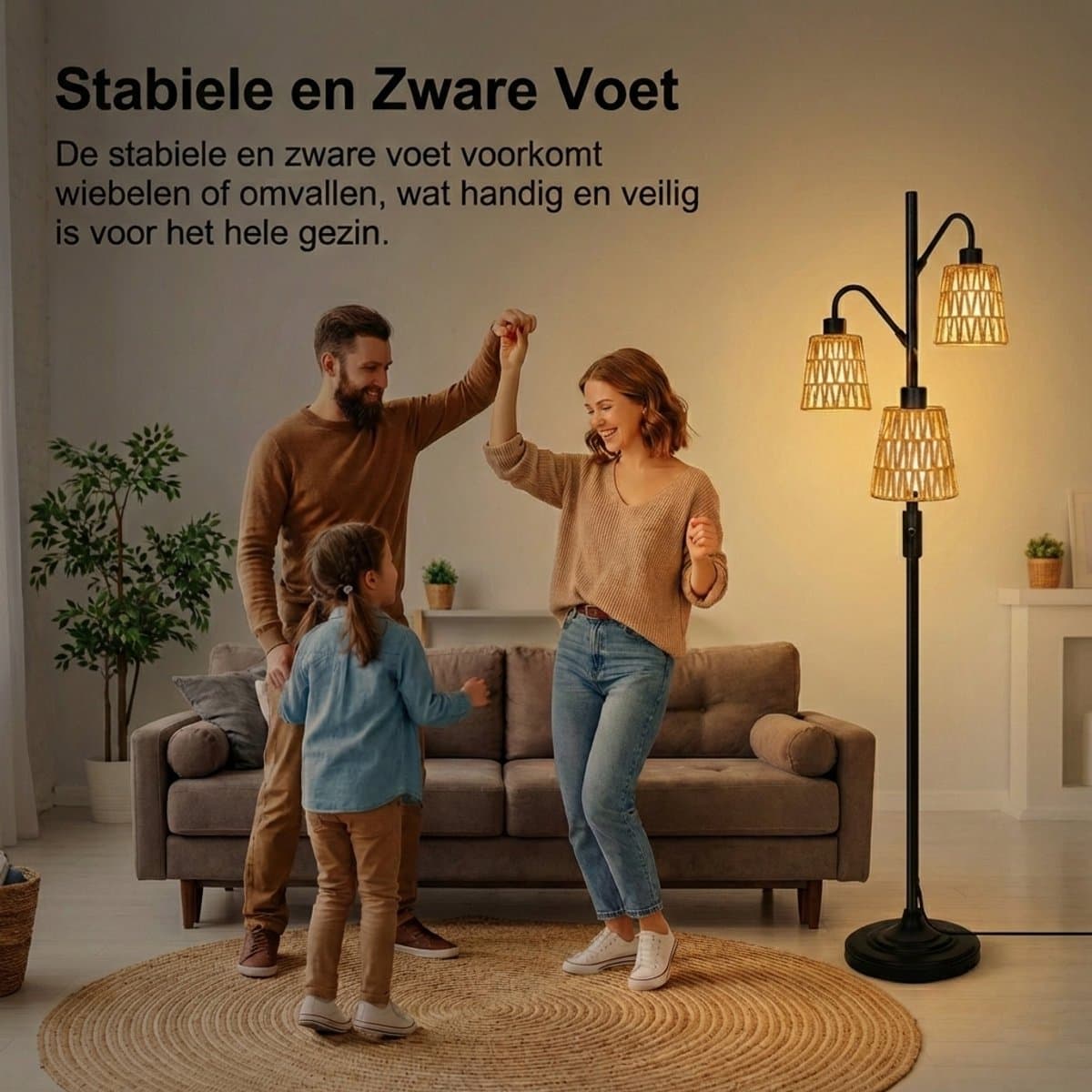 MUPOO Bohemian Rotan Vloerlamp 3-Lichts met Zwart Metaal - Landelijk Staande Lamp Energiezuinig & Dimbaar - Inclusief LED Lampen - 175cm Hoog - staande lampen voor woonkamer & Slaapkamer thumbnail 4