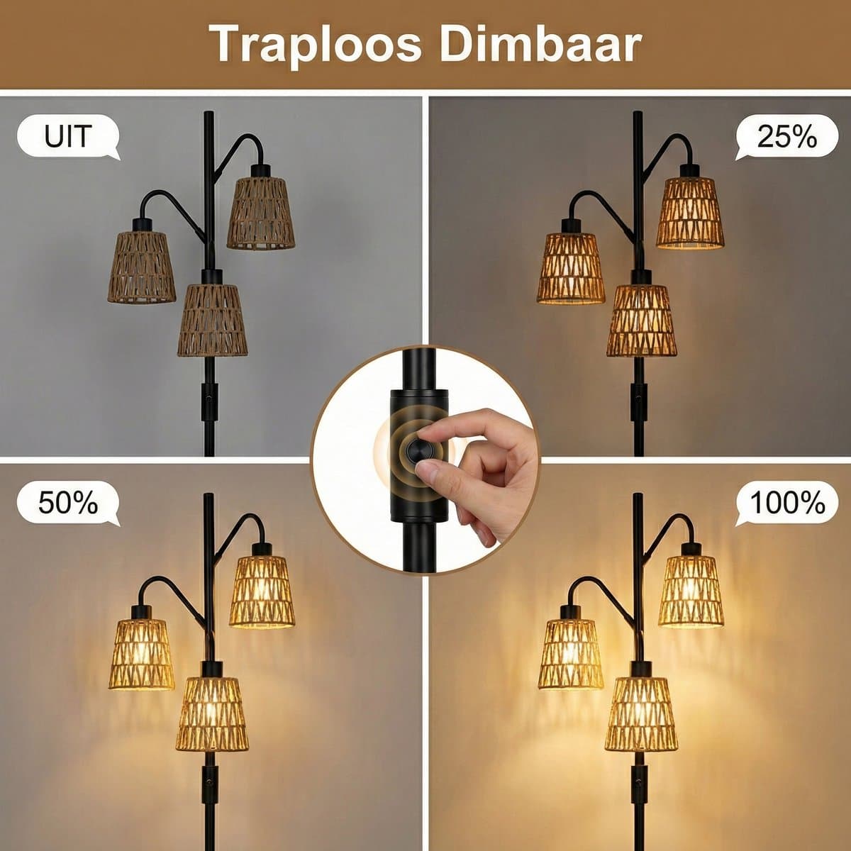 MUPOO Bohemian Rotan Vloerlamp 3-Lichts met Zwart Metaal - Landelijk Staande Lamp Energiezuinig & Dimbaar - Inclusief LED Lampen - 175cm Hoog - staande lampen voor woonkamer & Slaapkamer thumbnail 3