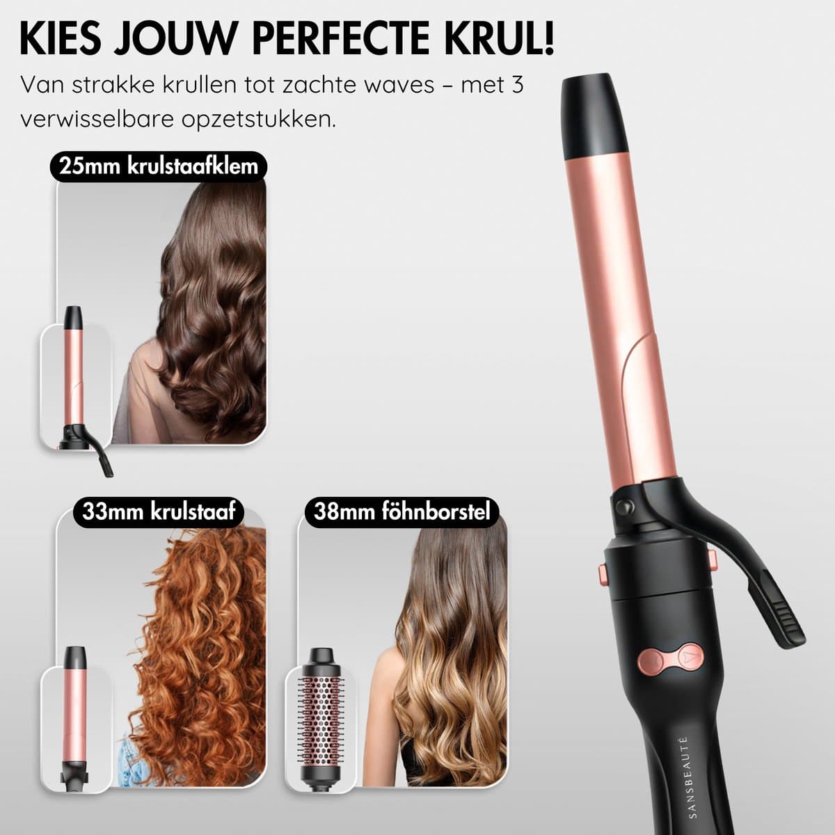 Sansbeauté® 3 in 1 Automatische Krultang met Klem - Keramische Haarkruller - 25mm tot 38mm - Beach Waves - Wavy Hair - Krultangen 33 38 mm 25 mm - Blowout Brush - Haarstyler - Hair Curler - Dunne en Dikke Crimper - Krultang Kort Haar thumbnail 5