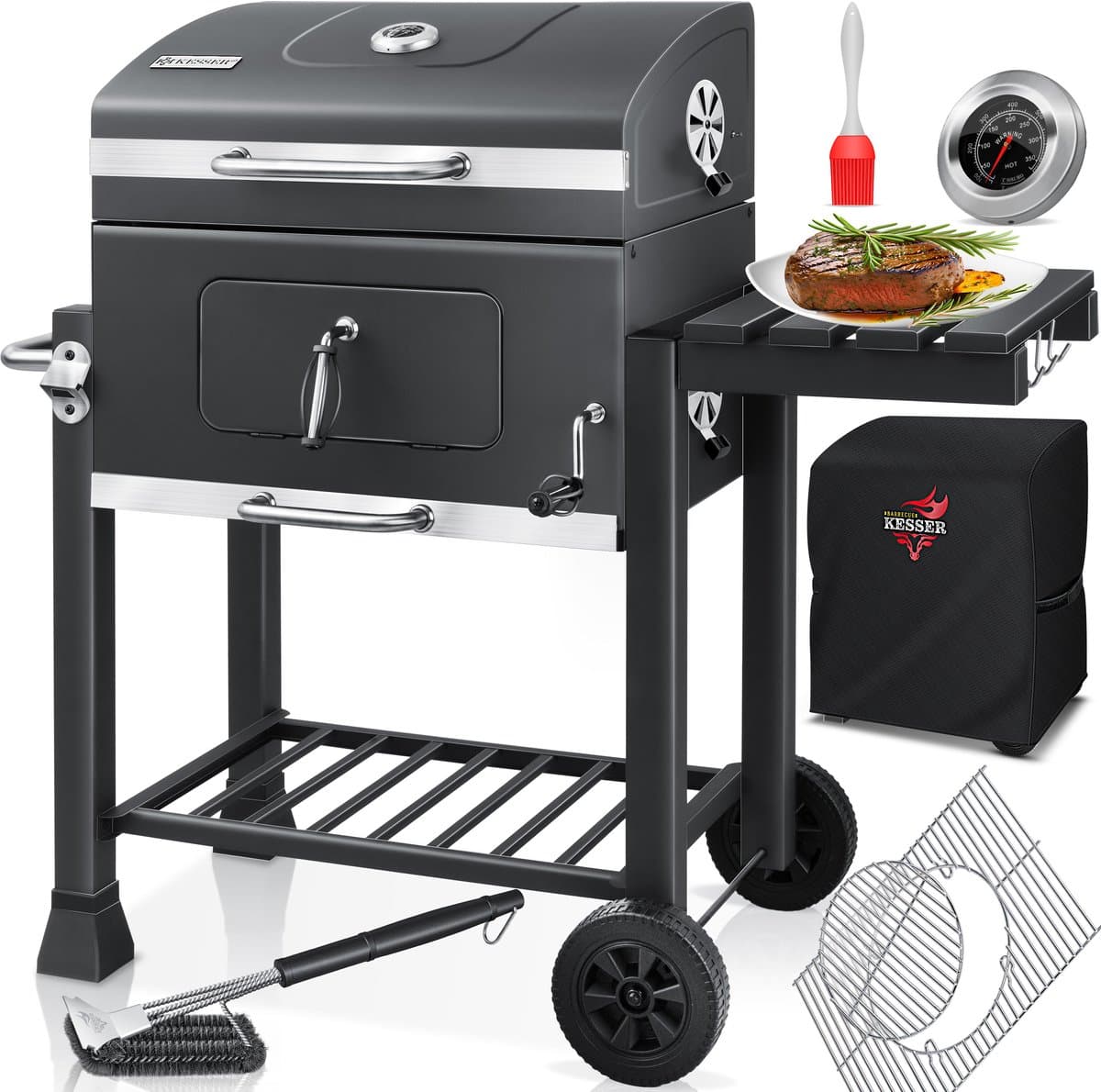 KESSER® Houtskoolbarbecue XL Barbeque Houtskool met Deksel, Wielen, Afdekkap, Roestvrij Stalen Handvat, Barbecuerooster en Thermometer, 8 Spiesen met Zakje & siliconen Borstel, grote BBQ Camping Terras Tuin thumbnail 8