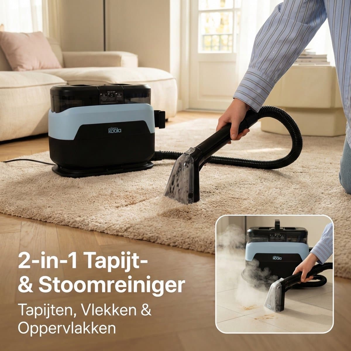 CleanKoala Tapijtreiniger & Stoomreiniger – Voor 100+ Verschillende Stoffen - Vlekkenreiniger - inclusief 3 Reinigingstabletten – Tapijt, Matras, Meubels & Meer thumbnail 8