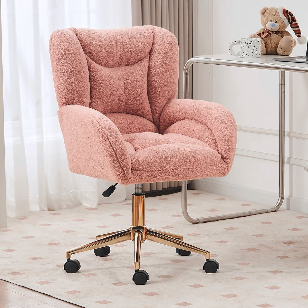 STILVORA Bureaustoel – Draaibare Kantoorstoel – Hoogteverstelbaar Met Gouden Poten – Ergonomische Comfortabele Zitting Voor Home-Office En Thuiswerk – Teddy Stof – Roze thumbnail 2