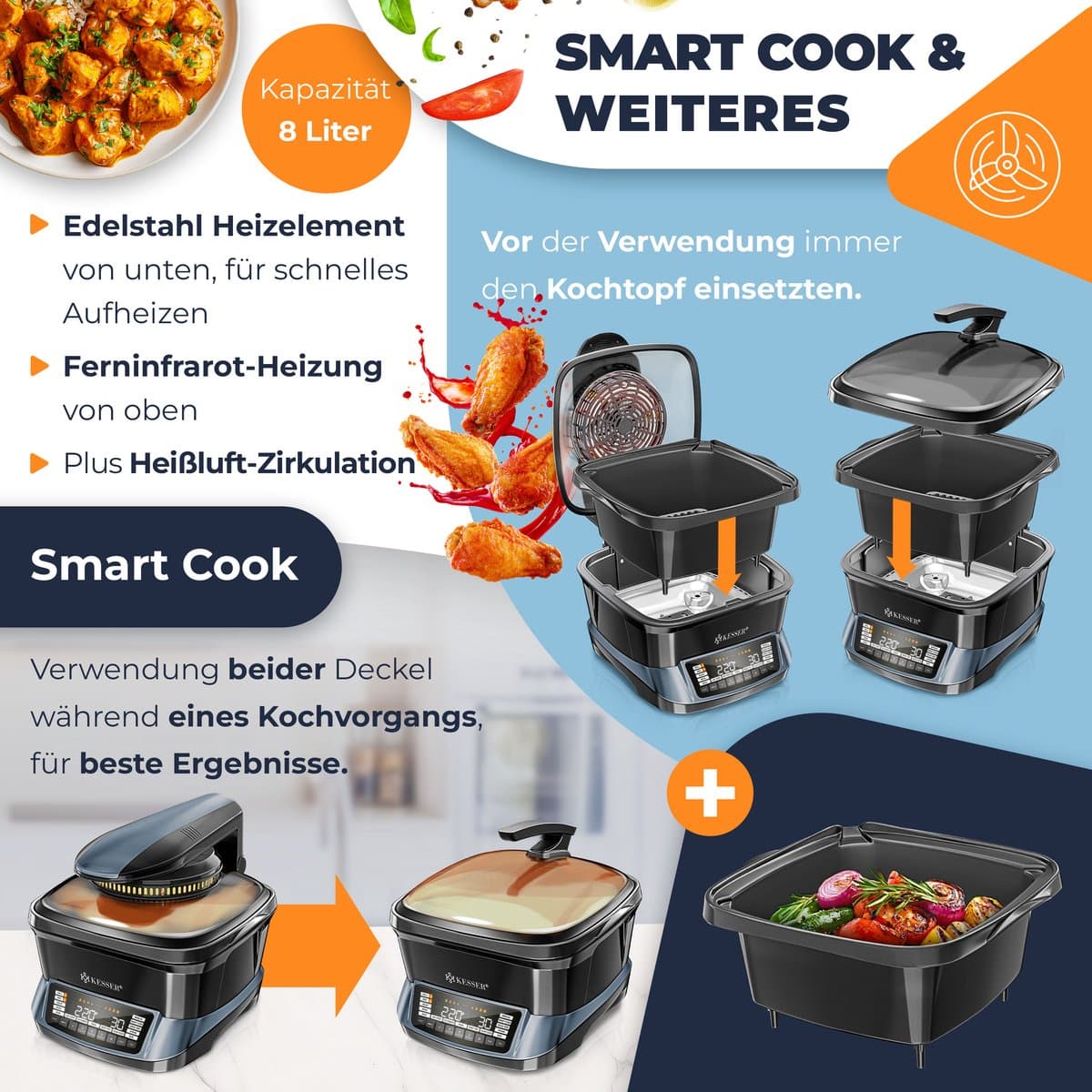 KESSER® Multicooker Airfryer 8L met 16 Kookfuncties Inclusief Stoomkoker, Rijstkoker, Grill Apparaat thumbnail 6