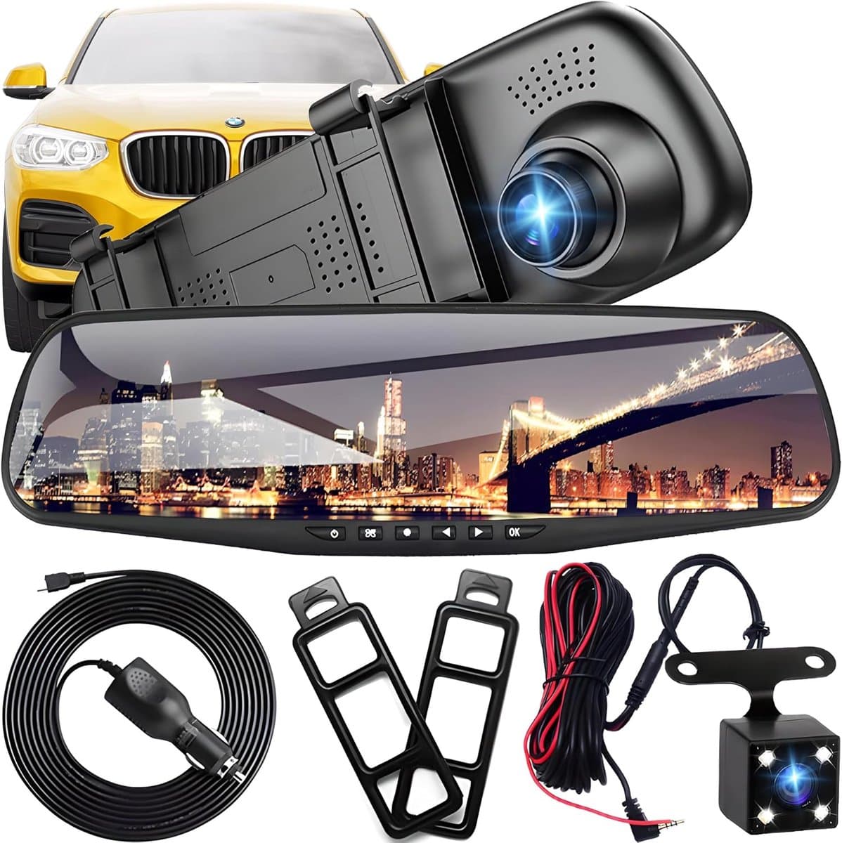 Full HD autospiegeldashcam met achteruitrijcamera met nachtzicht, loop-opname en 4,3-inch display, 170° voor / 120° achter, 1080P dubbele autocamera, parkeermonitor, achteruitrijmonitorsysteem - afbeelding 1