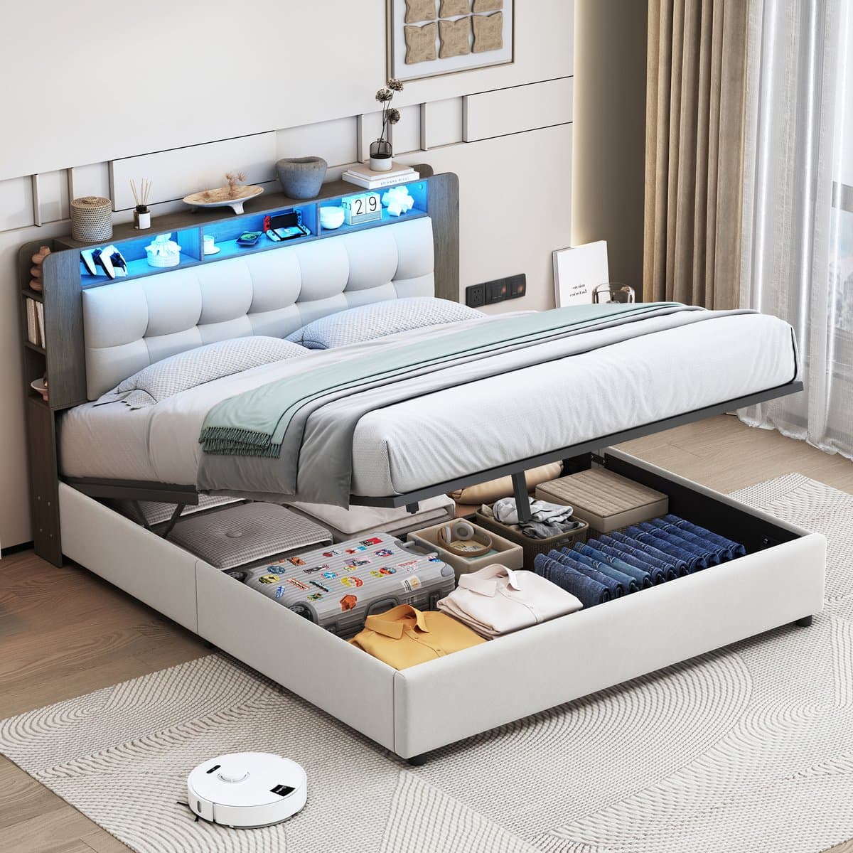 Opbergbed 160x200 cm – Beige fluwelen tweepersoonsbed – Gaslift opslag, hoofdbord-opbergruimte, LED-sfeerverlichting & draadloos opladen thumbnail 6