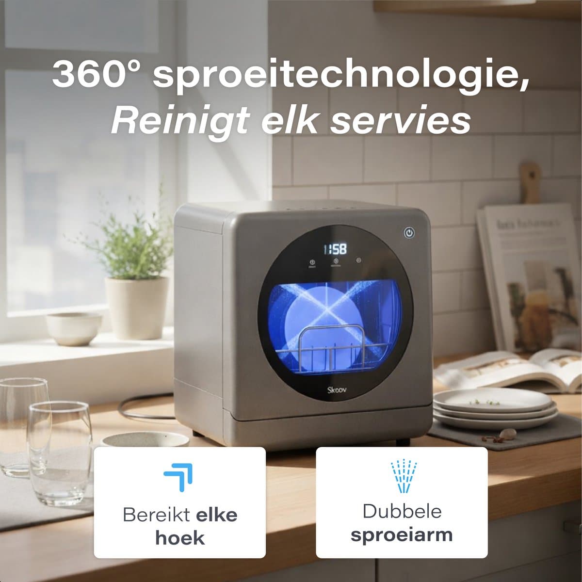 Skoov Mini Vaatwasser met waterreservoir - 5 couverts - 7 wasprogramma's - Kleine smalle vrijstaande afwasmachine - Camping - Grijs thumbnail 8