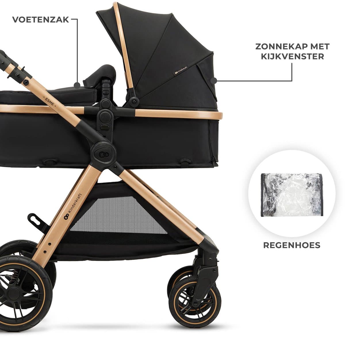 Kinderkraft ESME PRO 3-in-1 Kinderwagen – Beigekleurige multifunctionele combi met reiswieg, wandelwagen en autostoel - Zwart thumbnail 5
