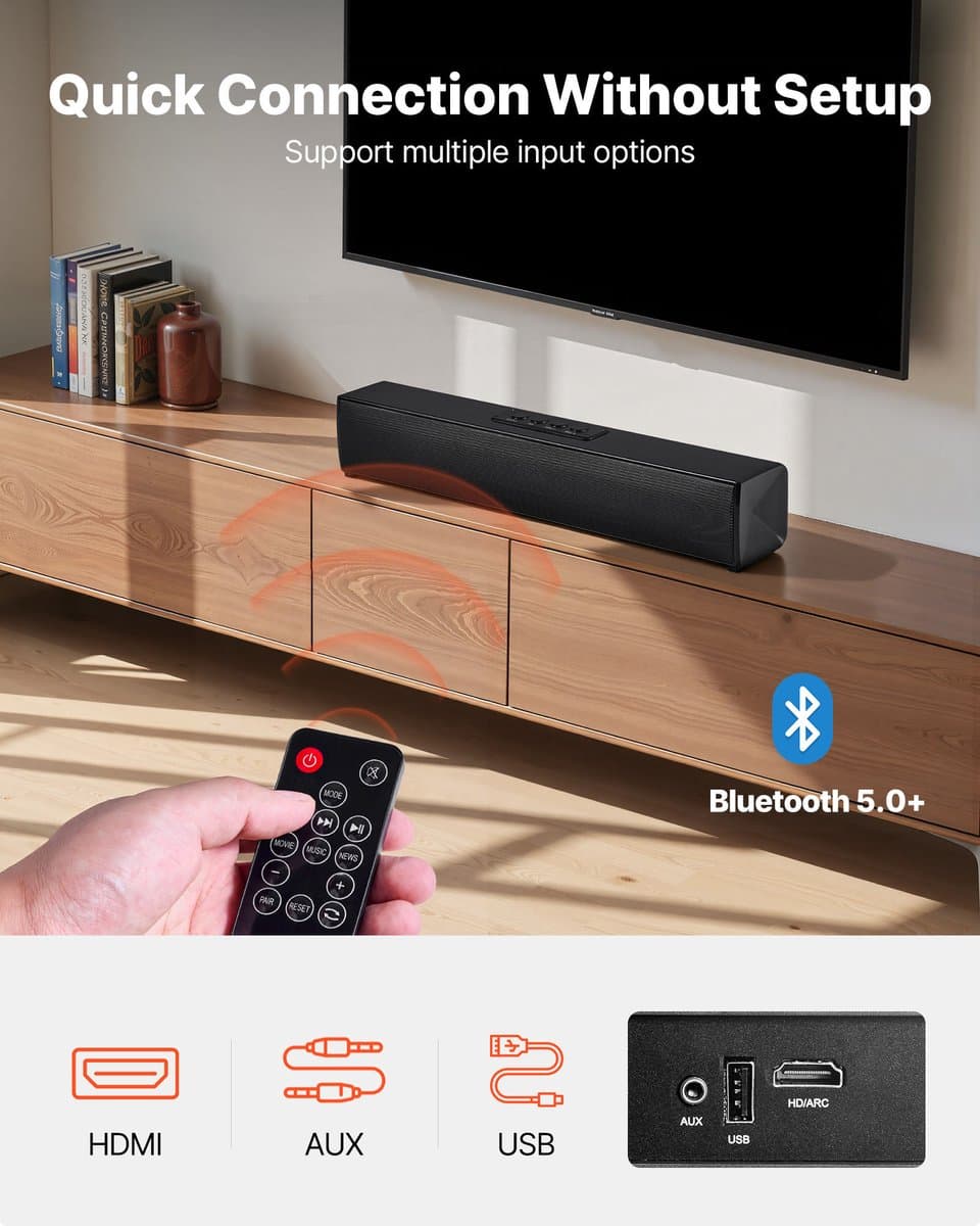 Compacte 17-Inch Soundbar voor Smart TV, 2.0-Kanaals TV-Luidsprekers met Bluetooth- En AUX-Connectiviteit, Afstandsbediening, Eenvoudige Installatie, 80 W Surround-Audiosysteem voor Pc En Thuisbioscoop thumbnail 8