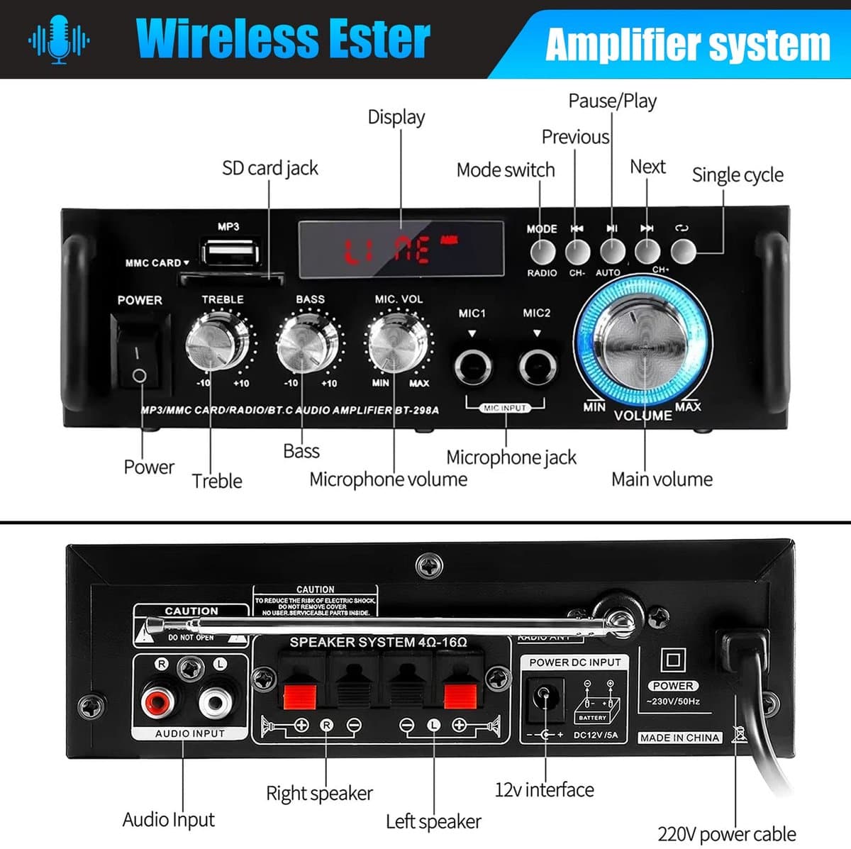 Mini-versterker HiFi - Bluetooth 5.0, 600W, FM-radio, USB/SD