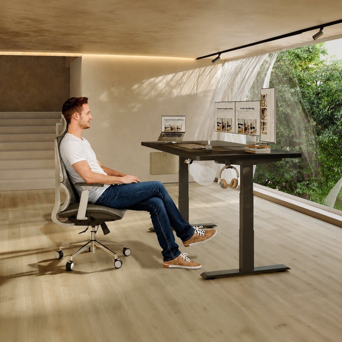 Devoko Elektrisch Zit-Sta Bureau 160x80 cm - Elektrisch Verstelbaar Bureau - In Hoogte Verstelbaar 63-128 cm - 25 mm FSC Tafelblad - Dubbele Motor - 125 kg - Zwart thumbnail 4