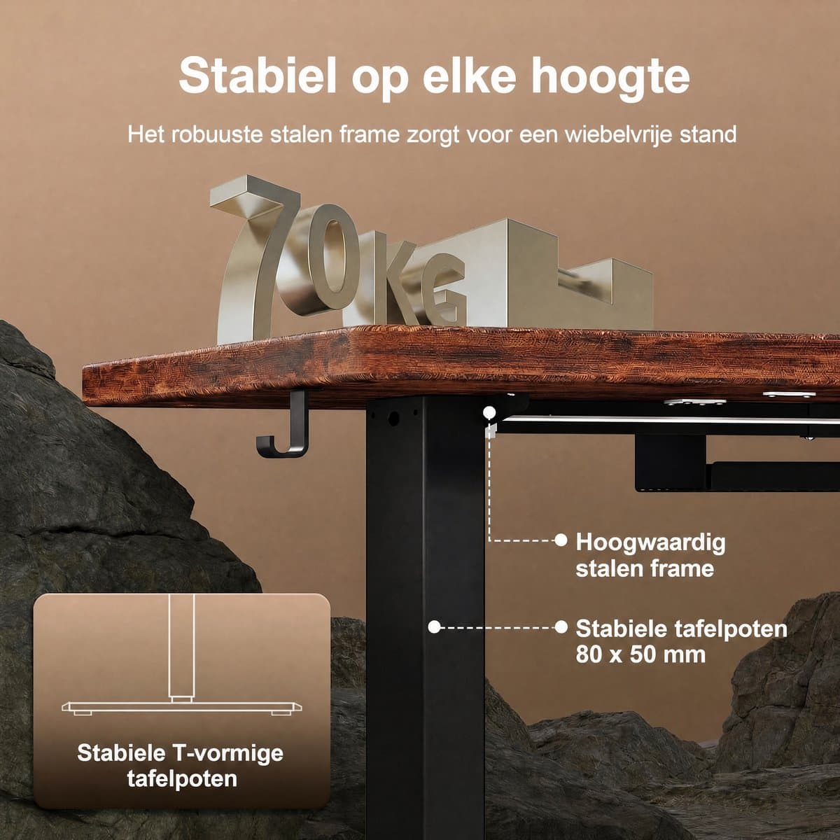 Elektrisch Zit-Sta Bureau 160x80 cm – 18 mm Dik Tafelblad – 3 Geheugenstanden – USB en Zit-alarm – Kabelmanagement – Zwart frame met donker houtlook blad thumbnail 5
