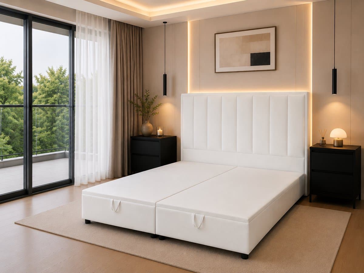 Luxe Boxspring 180x200 cm met Opbergruimte en Matras – Wit – Tweepersoonsbed met Hoofdbord thumbnail 4