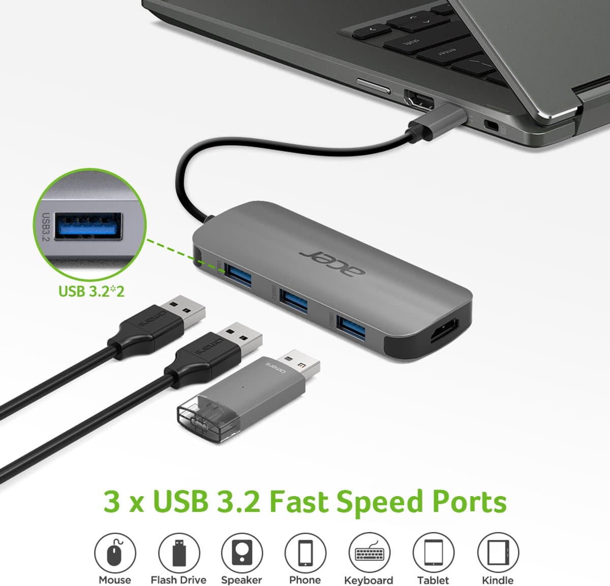 Acer 7-in-1 – Docking Station – Laptop – USB-C – 4K HDMI – Plug & Play - Zilver thumbnail 8