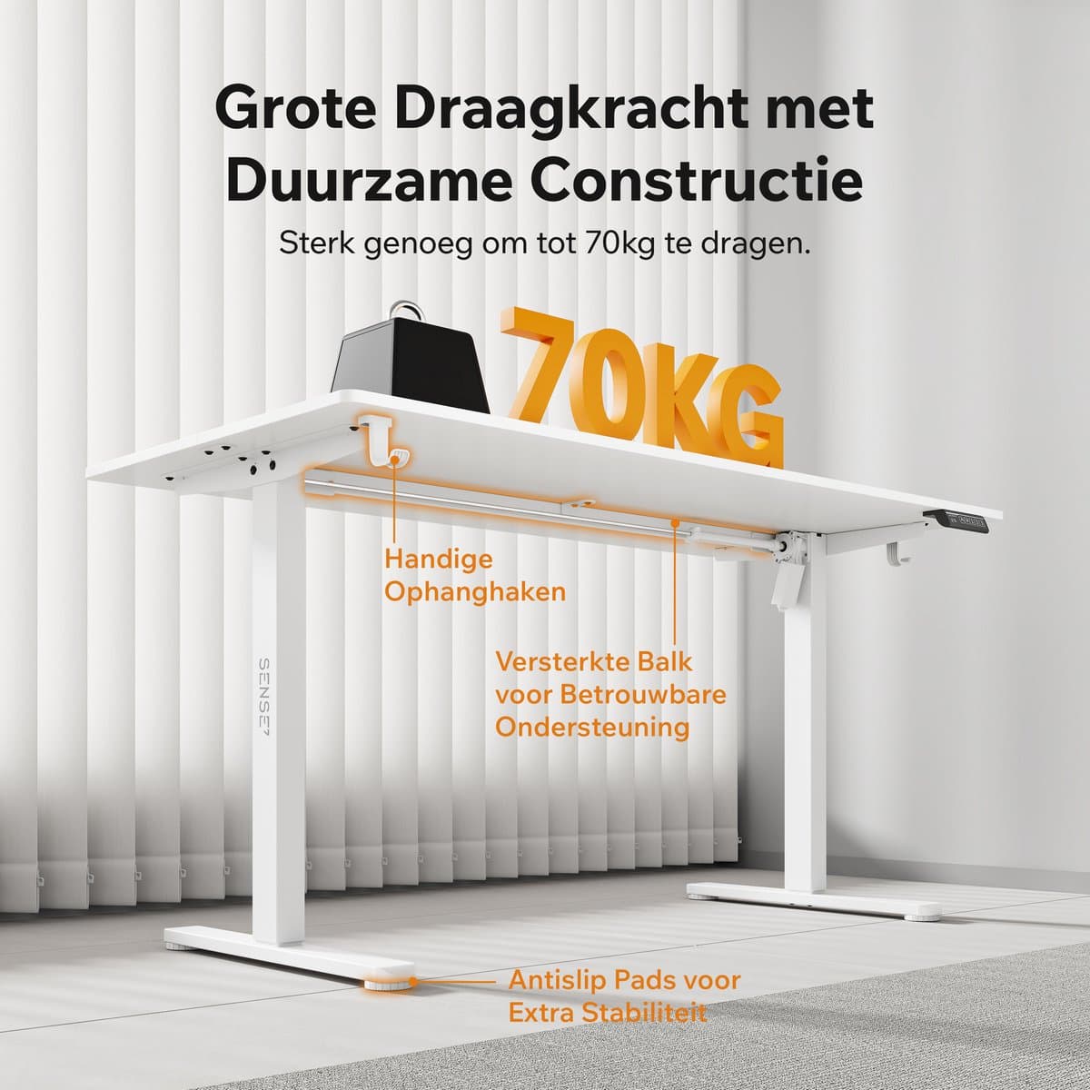 SENSE7 NOJO LIGHT - Zit Sta Bureau - 140 cm x 70 cm - Elektrisch bureau - Verstelbare bureau - Elektrische Hoogteverstelling - Hoogte 72-118 cm - Intelligent Bedieningspaneel - Wit thumbnail 6