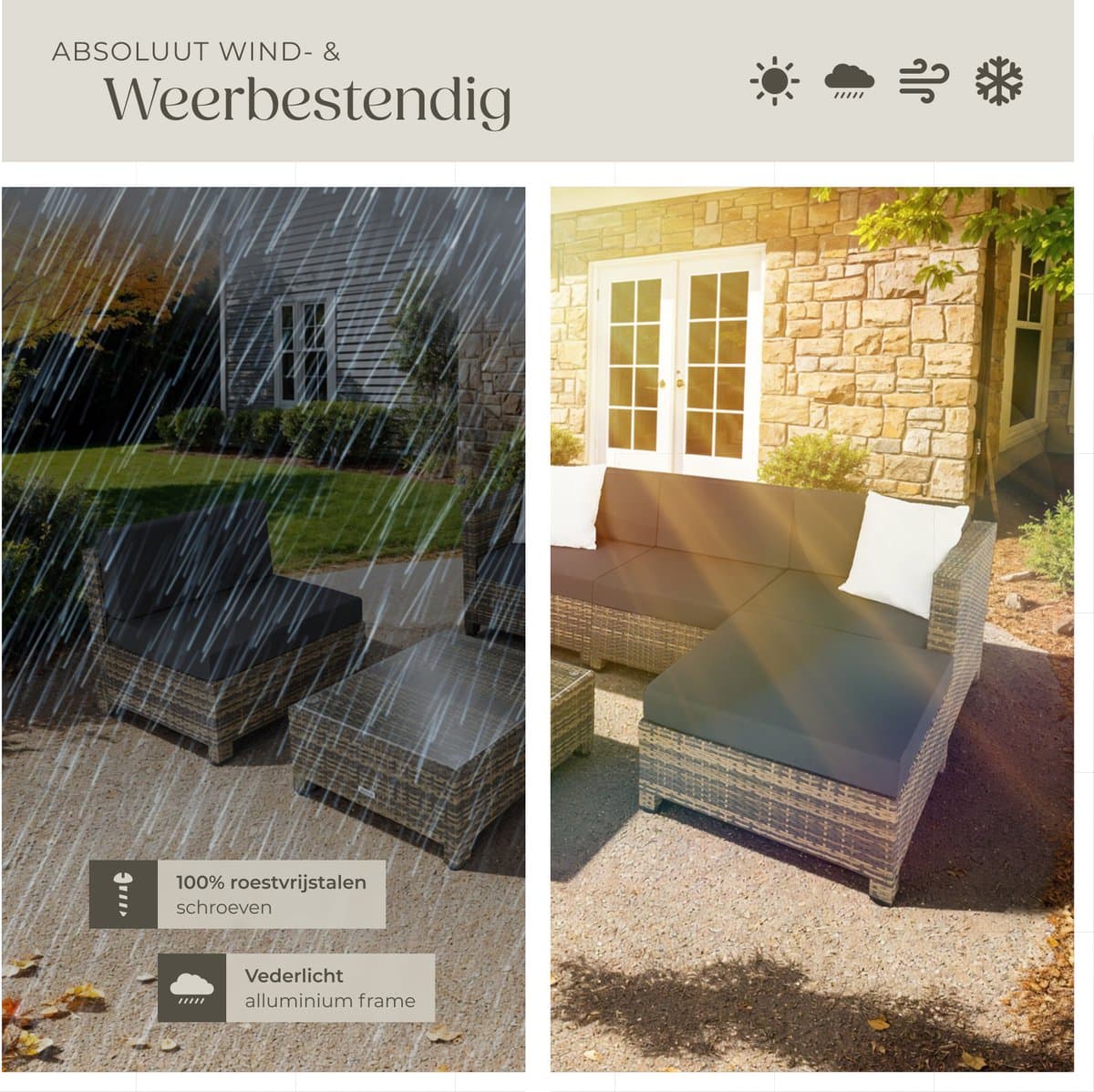 tectake® - Tuinmeubelset - Wicker loungeset - Balkonmeubelset - Kussens 10 cm hoogte - Voor tuin en balkon - 2 fauteuils, 2 hoekstoelen, 1 tafel, 1 hocker - Incl. 2 sets kussenhoezen - naturel thumbnail 6