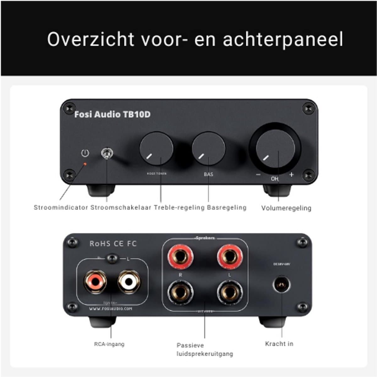 Mini Versterker - Versterker HiFi - Digitale Audio Ontvanger - voor Passieve Home Luidsprekers - met Treble - Bass Controle - 2 Kanaals - 600W - ‎230V - RCA - 20Hz-40kHz - 90 dB - 10.5 x 14.2 x 4 cm - Zwart thumbnail 3