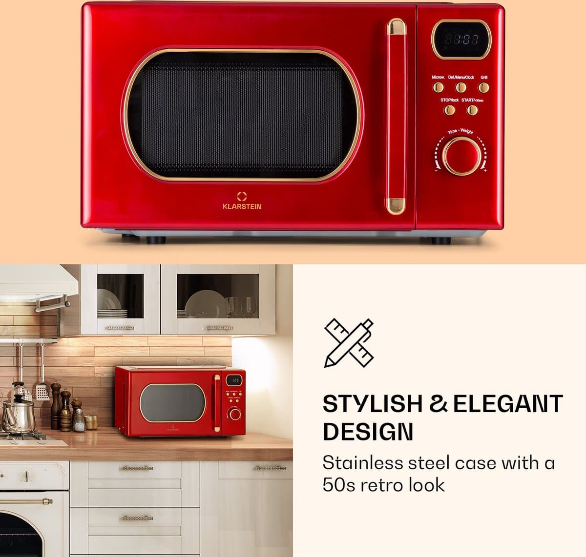 Klarstein magnetron met Grill, 800 Watt magnetron klein, 3 in 1Edelstahl magnetron rood, Kleine 20 Liter magnetron met ontdooi en Pizzafunktion, Drehteller, Platzsparend, Einfach zu Bedienen - voor Keuken - Bruin - Microwave thumbnail 5