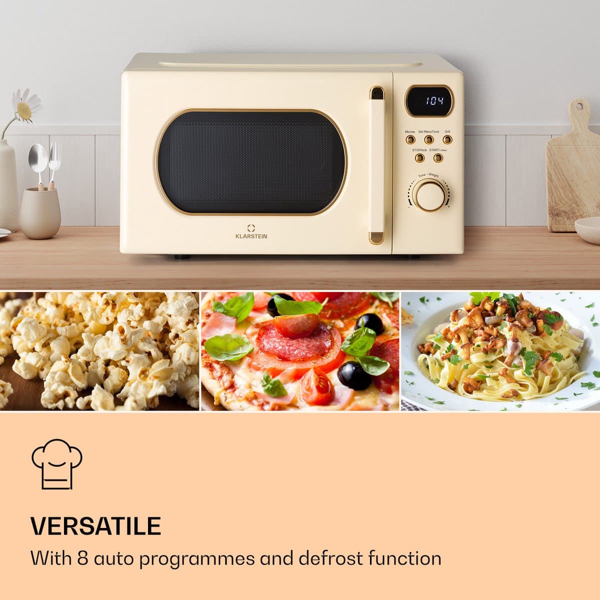 Klarstein Magnetron met Grill, 800 W, 20 Liter, 3-in-1 RVS Crème, Met Ontdooien en Pizzafunctie, Draaiplateau, Compact - voor Keuken - Bruin - Microwave Combimagnetron Microgolfoven Microwave Oven thumbnail 2