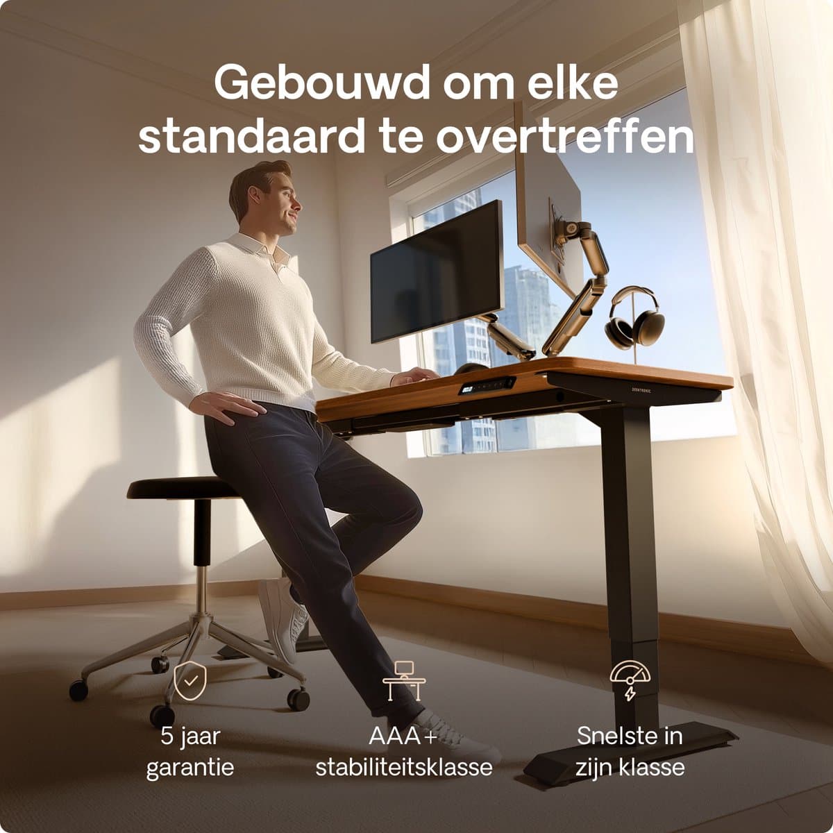 Desktronic HomePro Zit-sta Bureau Elektrisch In Hoogte Verstelbaar, 180x80cm Zwart/Notenhout, Stille Dubbele Motor, Hoogte 62-126cm thumbnail 2