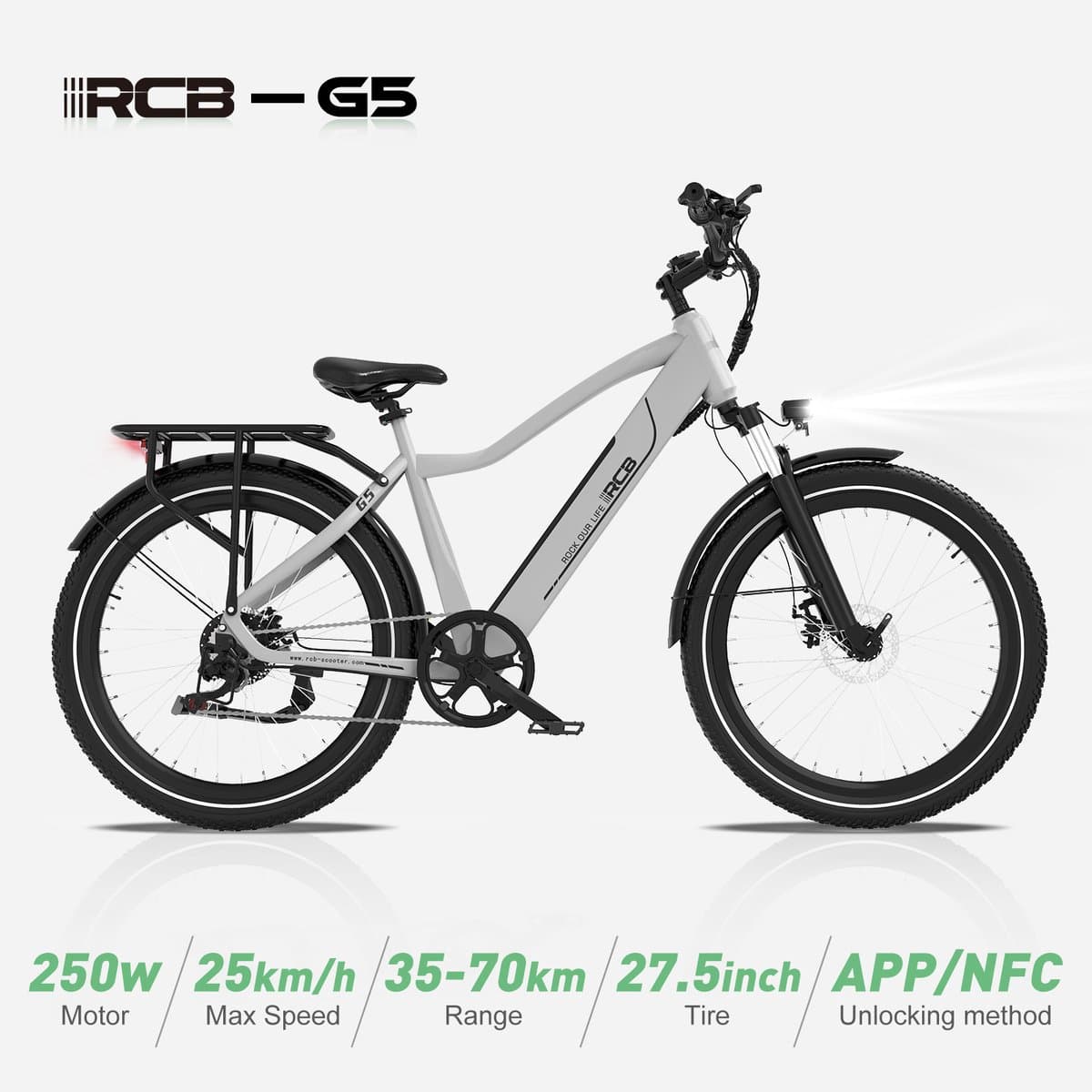 RCB G5 Elektrische Fiets - 27.5 Inch - Lichtgewicht Aluminium Frame - 250W Motor - 36V 13Ah Verwijderbare Batterij - 7 Versnellingen - Met App, NFC & LCD Display - Comfortabel & Roestvrij - Voor Dames en Heren - Actieradius 80km-zilver thumbnail 2
