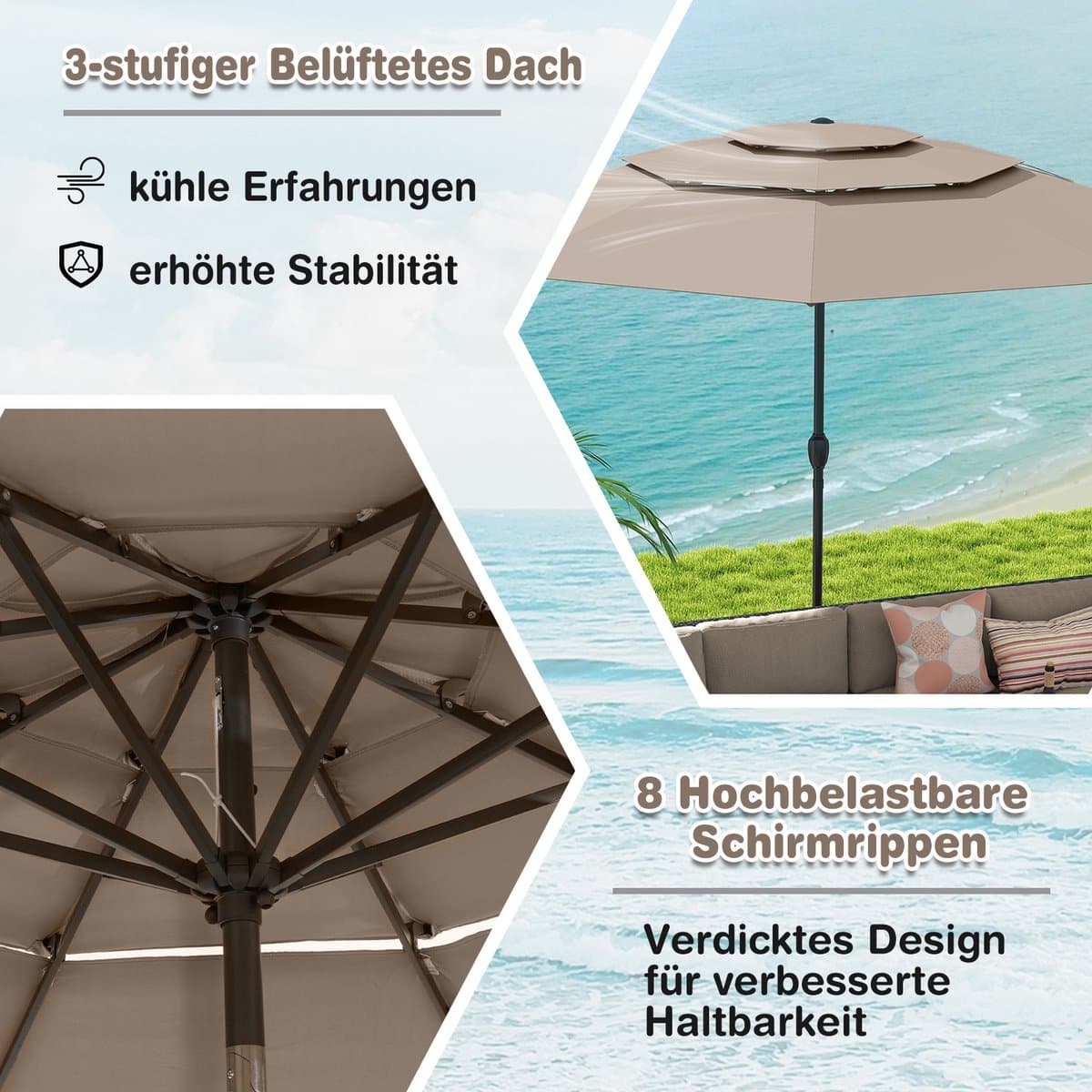 COSTWAY Parasol, windbestendig, stabiel, 300 cm tuinparasol met zwengel, aan beide zijden 45° knikbaar, uv-bescherming, zonwering, terrasparasol, geventileerd, marktscherm voor terras, tuin, balkon thumbnail 4