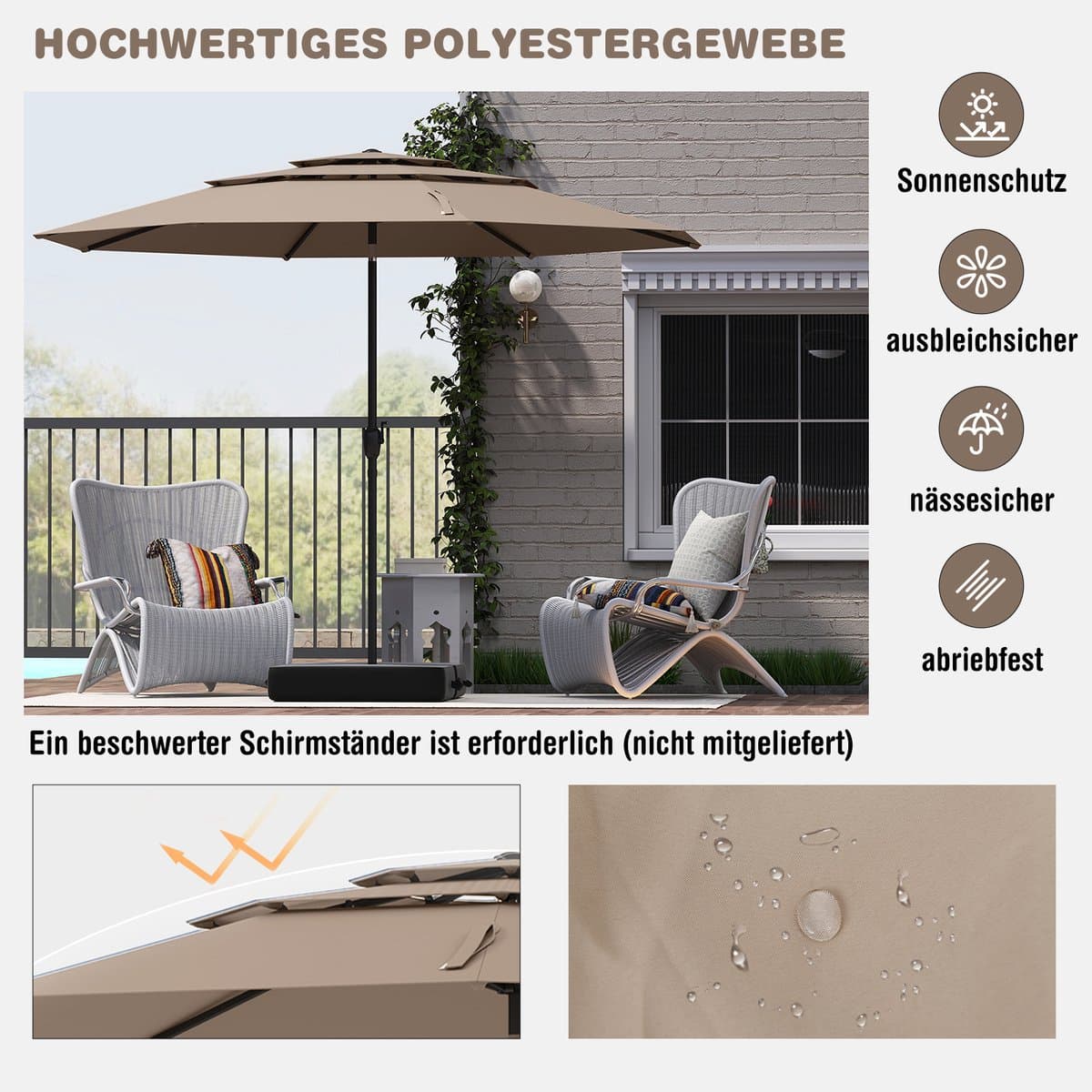 COSTWAY Parasol, windbestendig, stabiel, 300 cm tuinparasol met zwengel, aan beide zijden 45° knikbaar, uv-bescherming, zonwering, terrasparasol, geventileerd, marktscherm voor terras, tuin, balkon thumbnail 5