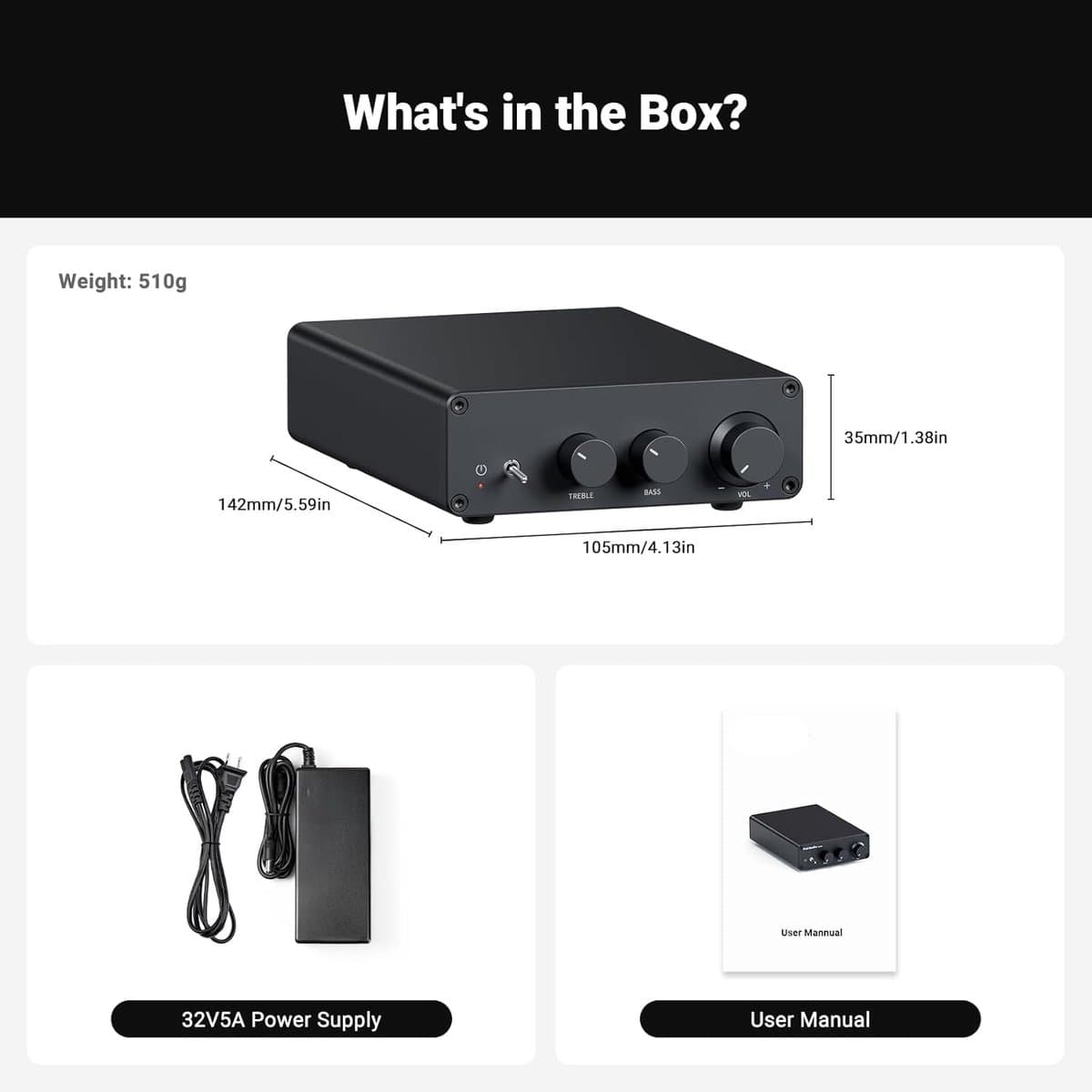 Mini Versterker - Versterker HiFi - Digitale Audio Ontvanger - voor Passieve Home Luidsprekers - met Treble - Bass Controle - 2 Kanaals - 600W - ‎230V - RCA - 20Hz-40kHz - 90 dB - 10.5 x 14.2 x 4 cm - Zwart thumbnail 8
