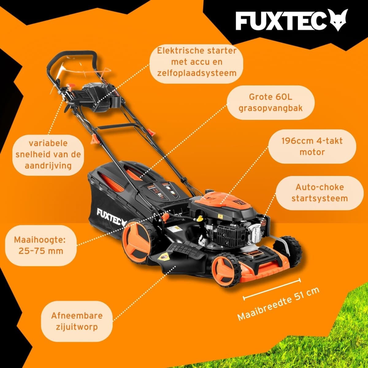 FUXTEC 4-in-1 Benzine Grasmaaier FX-RM5196eSPRO – Elektrische Start – 6 pk – 51 cm Maaibreedte – Flexibele Achterwielaandrijving – 4-Takt – Maaihoogte 25–75 mm – 60 L Grasopvangbak – Mulchfunctie thumbnail 3